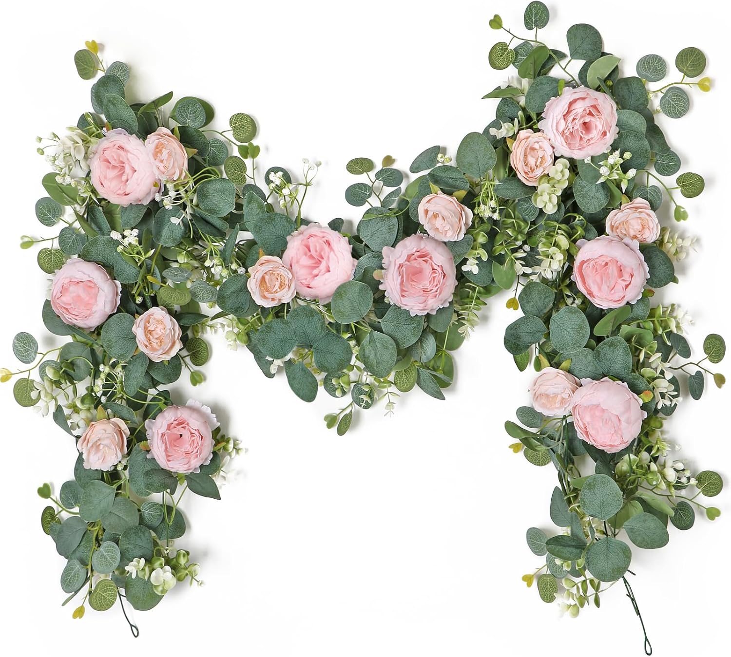 2 Pack 13FT Flower Garland, Artificial Rose Vine Fake Flower Garland Silk Rose Peony Hanging Vine Faux Floral Garlands for Wedding Party Arch Table Wall Backdrop Decoration Light Pink, 2PCS