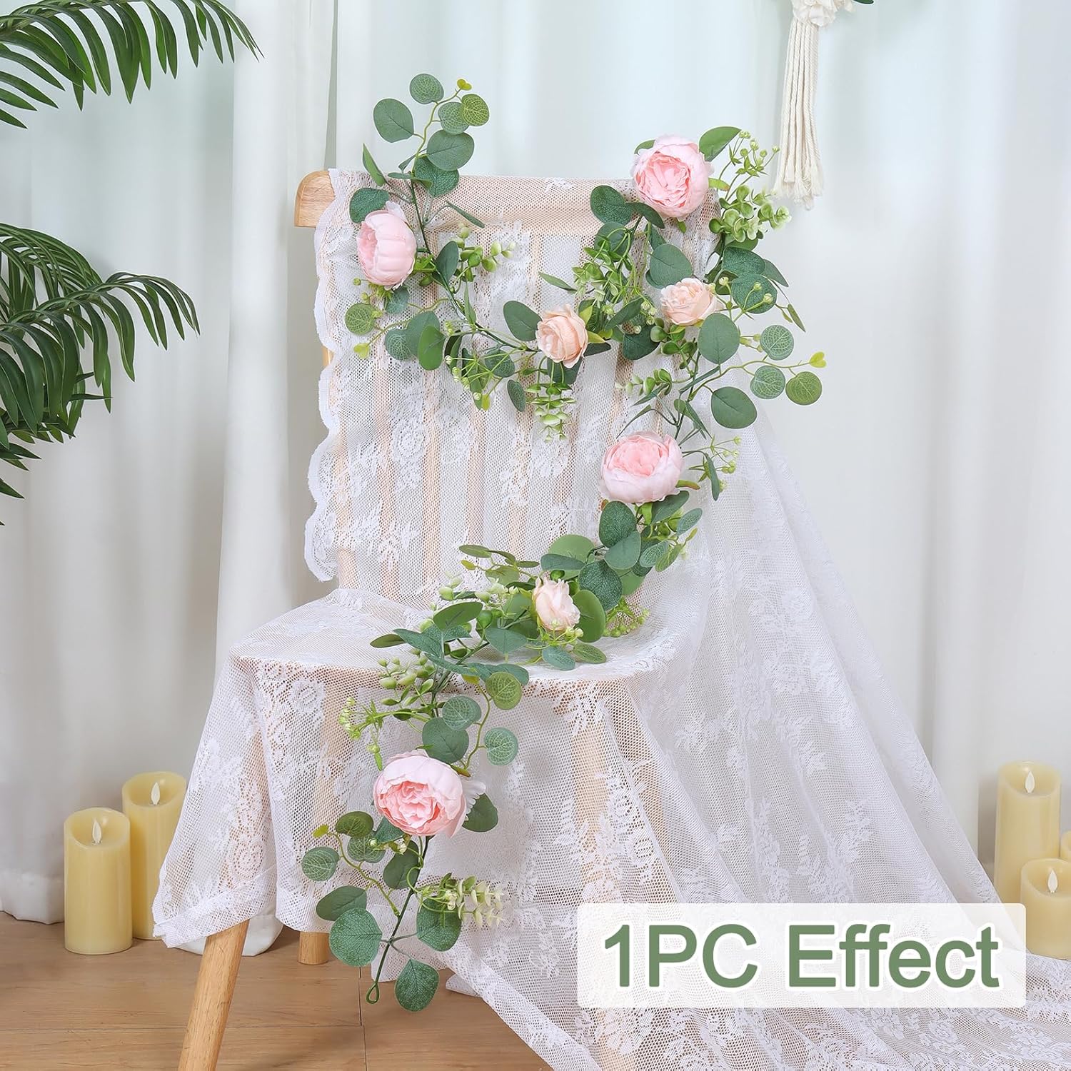 2 Pack 13FT Flower Garland, Artificial Rose Vine Fake Flower Garland Silk Rose Peony Hanging Vine Faux Floral Garlands for Wedding Party Arch Table Wall Backdrop Decoration Light Pink, 2PCS