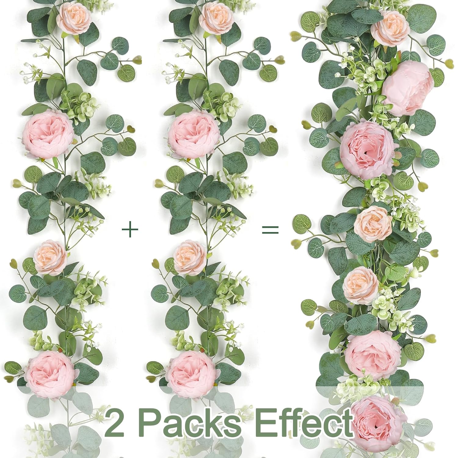 2 Pack 13FT Flower Garland, Artificial Rose Vine Fake Flower Garland Silk Rose Peony Hanging Vine Faux Floral Garlands for Wedding Party Arch Table Wall Backdrop Decoration Light Pink, 2PCS