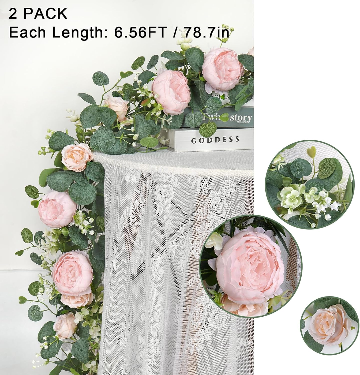 2 Pack 13FT Flower Garland, Artificial Rose Vine Fake Flower Garland Silk Rose Peony Hanging Vine Faux Floral Garlands for Wedding Party Arch Table Wall Backdrop Decoration Light Pink, 2PCS