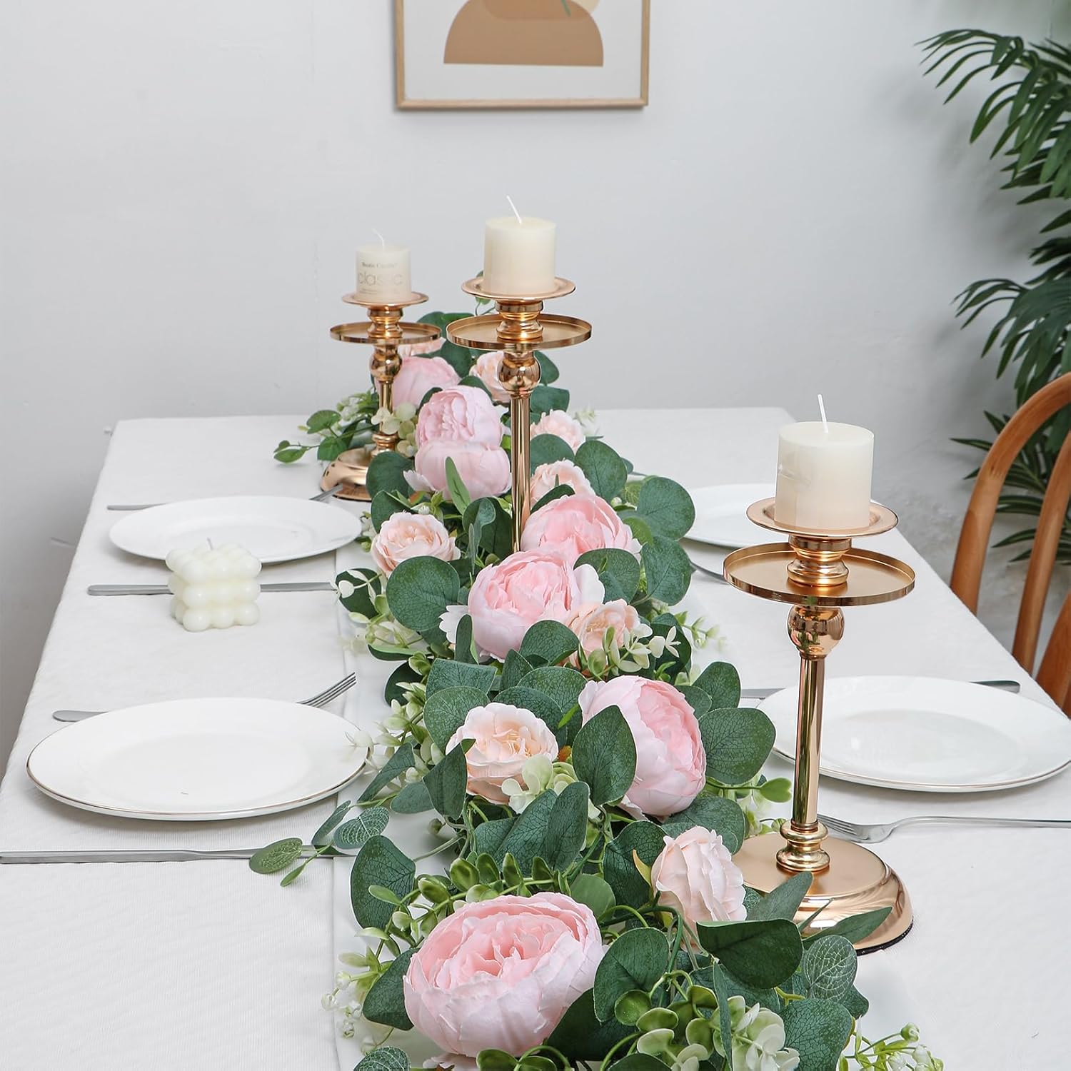 2 Pack 13FT Flower Garland, Artificial Rose Vine Fake Flower Garland Silk Rose Peony Hanging Vine Faux Floral Garlands for Wedding Party Arch Table Wall Backdrop Decoration Light Pink, 2PCS
