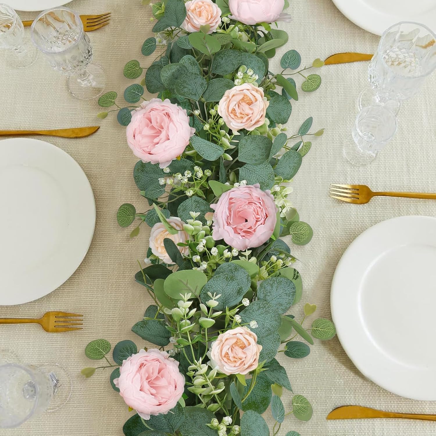 2 Pack 13FT Flower Garland, Artificial Rose Vine Fake Flower Garland Silk Rose Peony Hanging Vine Faux Floral Garlands for Wedding Party Arch Table Wall Backdrop Decoration Light Pink, 2PCS