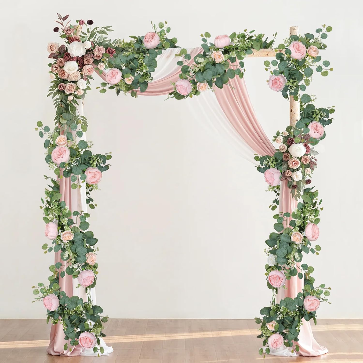 2 Pack 13FT Flower Garland, Artificial Rose Vine Fake Flower Garland Silk Rose Peony Hanging Vine Faux Floral Garlands for Wedding Party Arch Table Wall Backdrop Decoration Light Pink, 2PCS