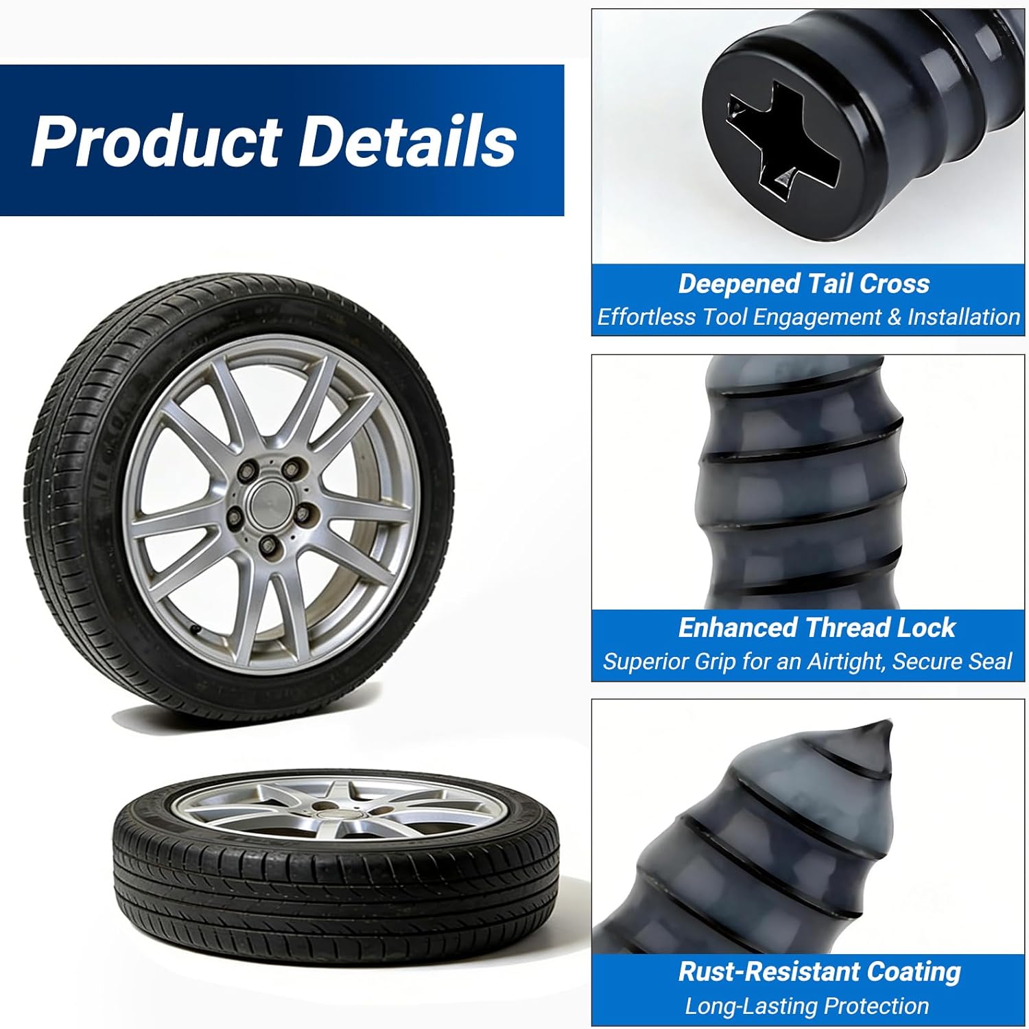 Tire Repair Rubber Nail Kit, Premium Spiral Screw-in Tire Plugs with 2 Sizes, Emergency Roadside Flat Tire Fix Tool for Car Truck Motorcycle Tractor ATV SUV - Fast Self Service Repair 20 PCS