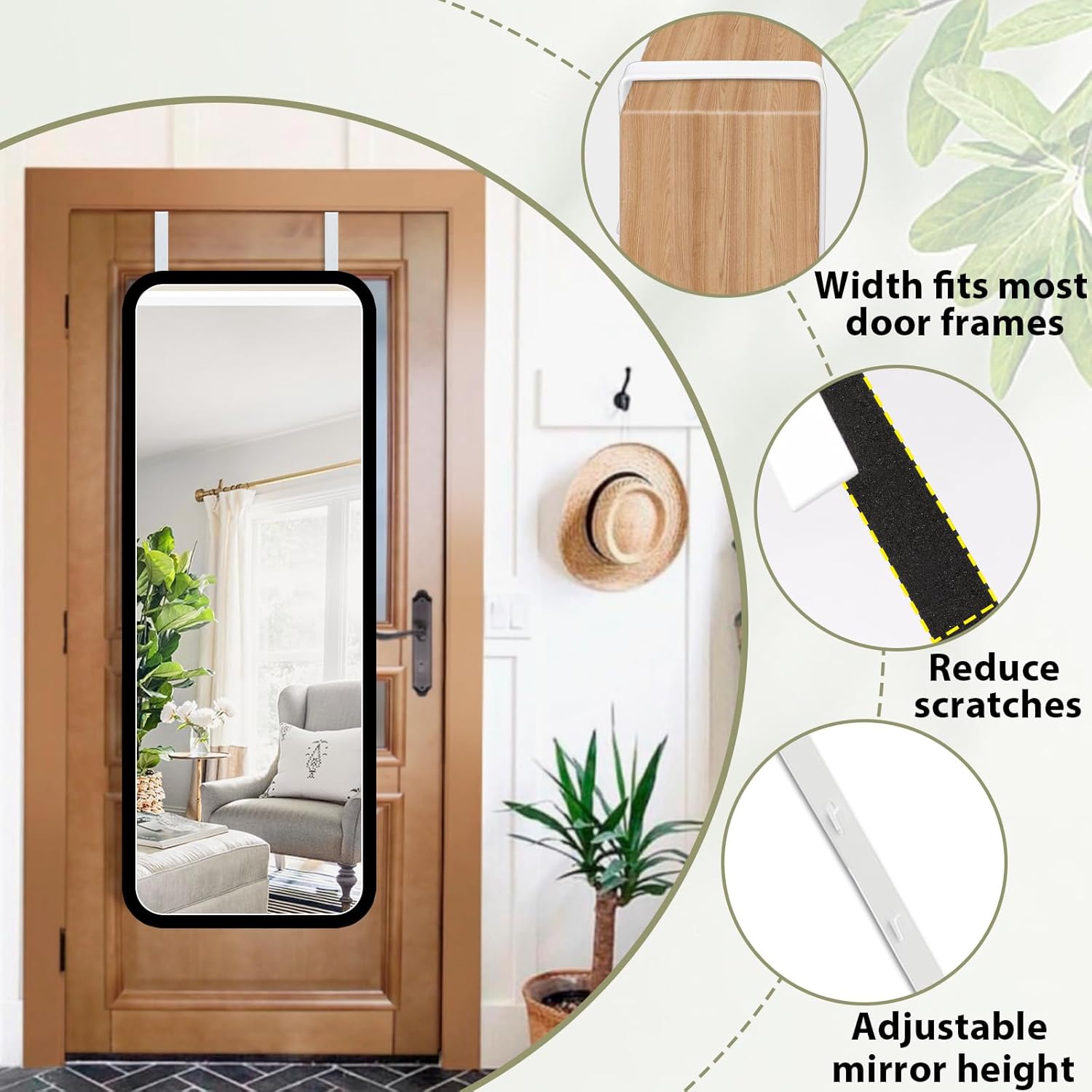 Over-The-Door Mirror Hanger, Adjustable 13.6 in Door Mirrors Hanger with Protective Lining, Prevent Scratches, 2 Pcs Mirrors Brackets Perfect Height and Fit Mirror Not Included - White