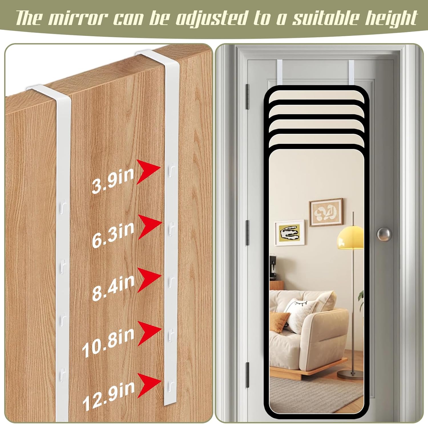 Over-The-Door Mirror Hanger, Adjustable 13.6 in Door Mirrors Hanger with Protective Lining, Prevent Scratches, 2 Pcs Mirrors Brackets Perfect Height and Fit Mirror Not Included - White