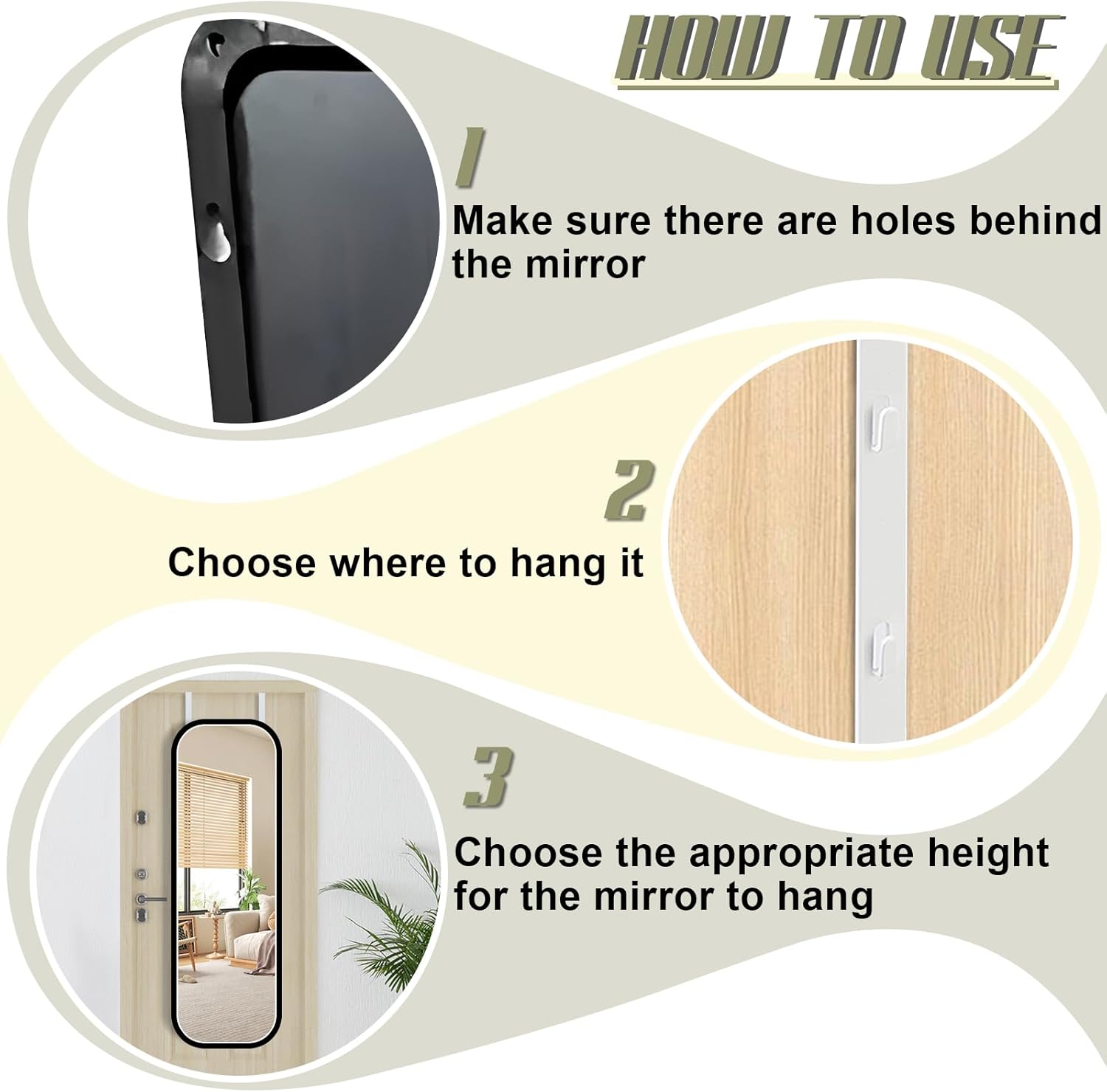 Over-The-Door Mirror Hanger, Adjustable 13.6 in Door Mirrors Hanger with Protective Lining, Prevent Scratches, 2 Pcs Mirrors Brackets Perfect Height and Fit Mirror Not Included - White