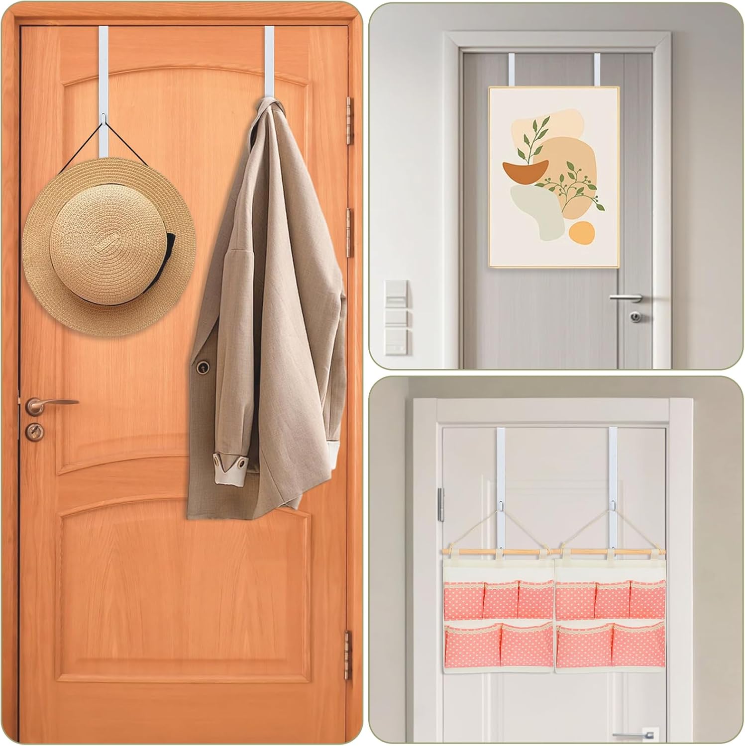 Over-The-Door Mirror Hanger, Adjustable 13.6 in Door Mirrors Hanger with Protective Lining, Prevent Scratches, 2 Pcs Mirrors Brackets Perfect Height and Fit Mirror Not Included - White