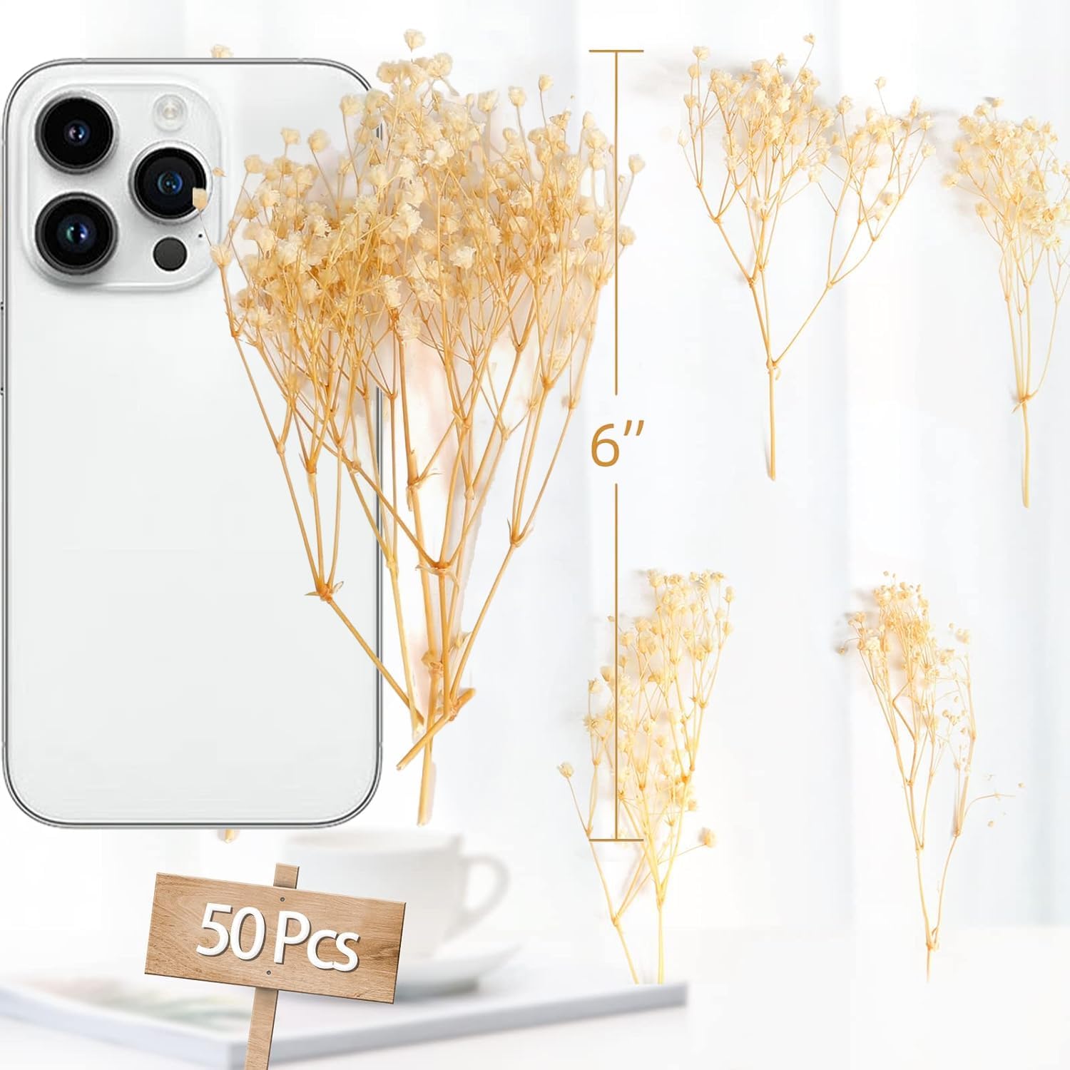 50Pcs Mini Dried Baby's Breath Flowers, 6'' Natural Ivory White Flowers for Resin Art Craft DIY, 3000+ Pressed Gypsophila Bouquet Present for Valentine's Day, Wedding Wreath, Card Making, Home Decor