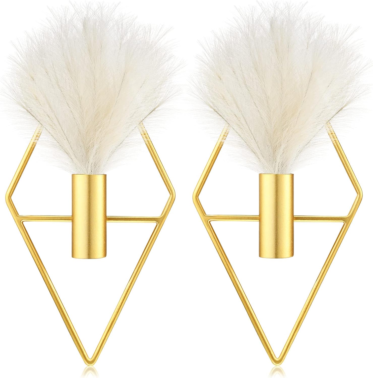 2 Pcs Boho Wall Decor Metal Gold Wall Art Hanging Planters with Artificial Pampas Modern Home Decor Display Art for Living Room Bedroom Bathroom Rhombus