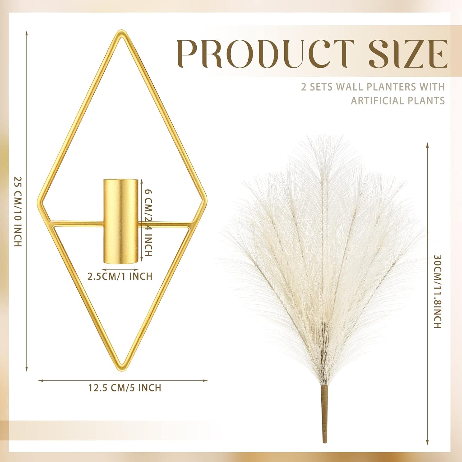 2 Pcs Boho Wall Decor Metal Gold Wall Art Hanging Planters with Artificial Pampas Modern Home Decor Display Art for Living Room Bedroom Bathroom Rhombus