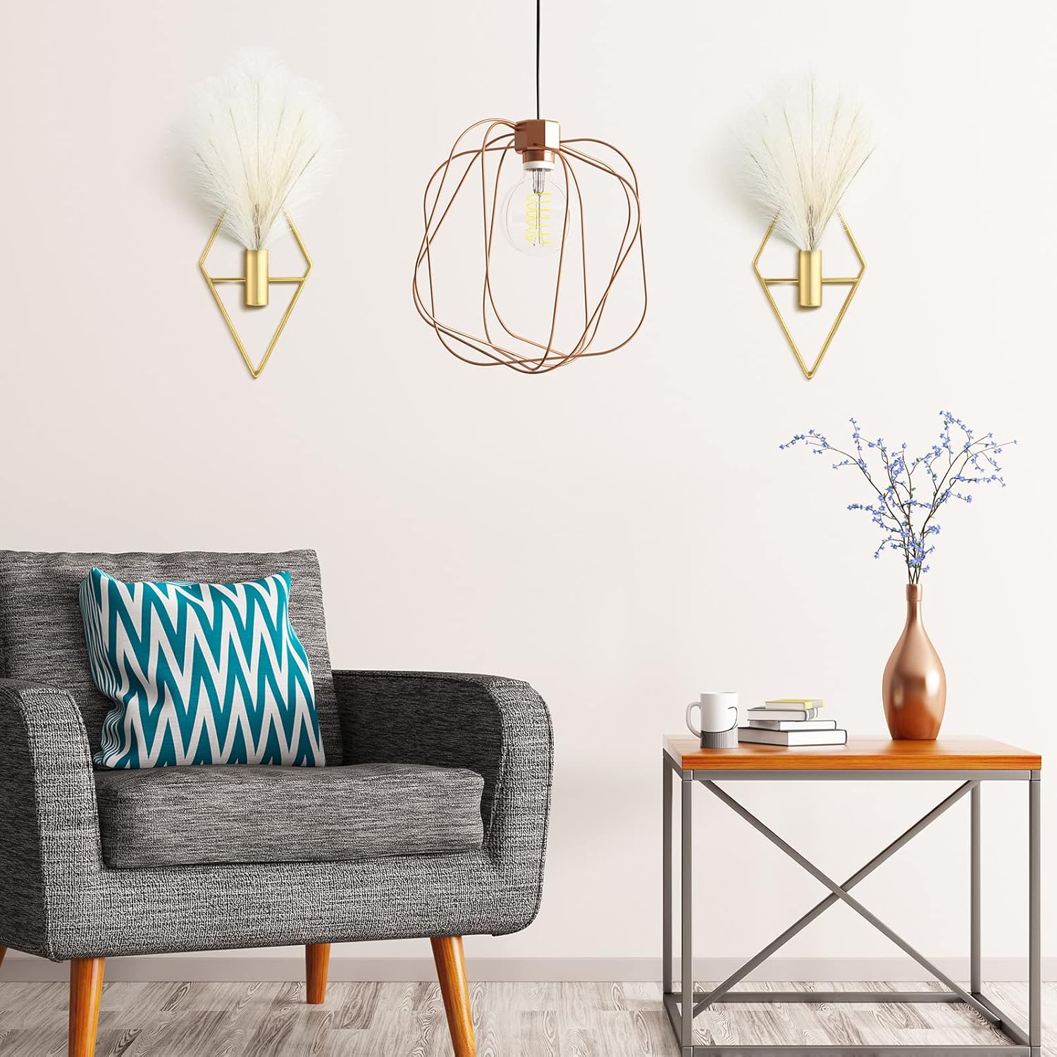 2 Pcs Boho Wall Decor Metal Gold Wall Art Hanging Planters with Artificial Pampas Modern Home Decor Display Art for Living Room Bedroom Bathroom Rhombus