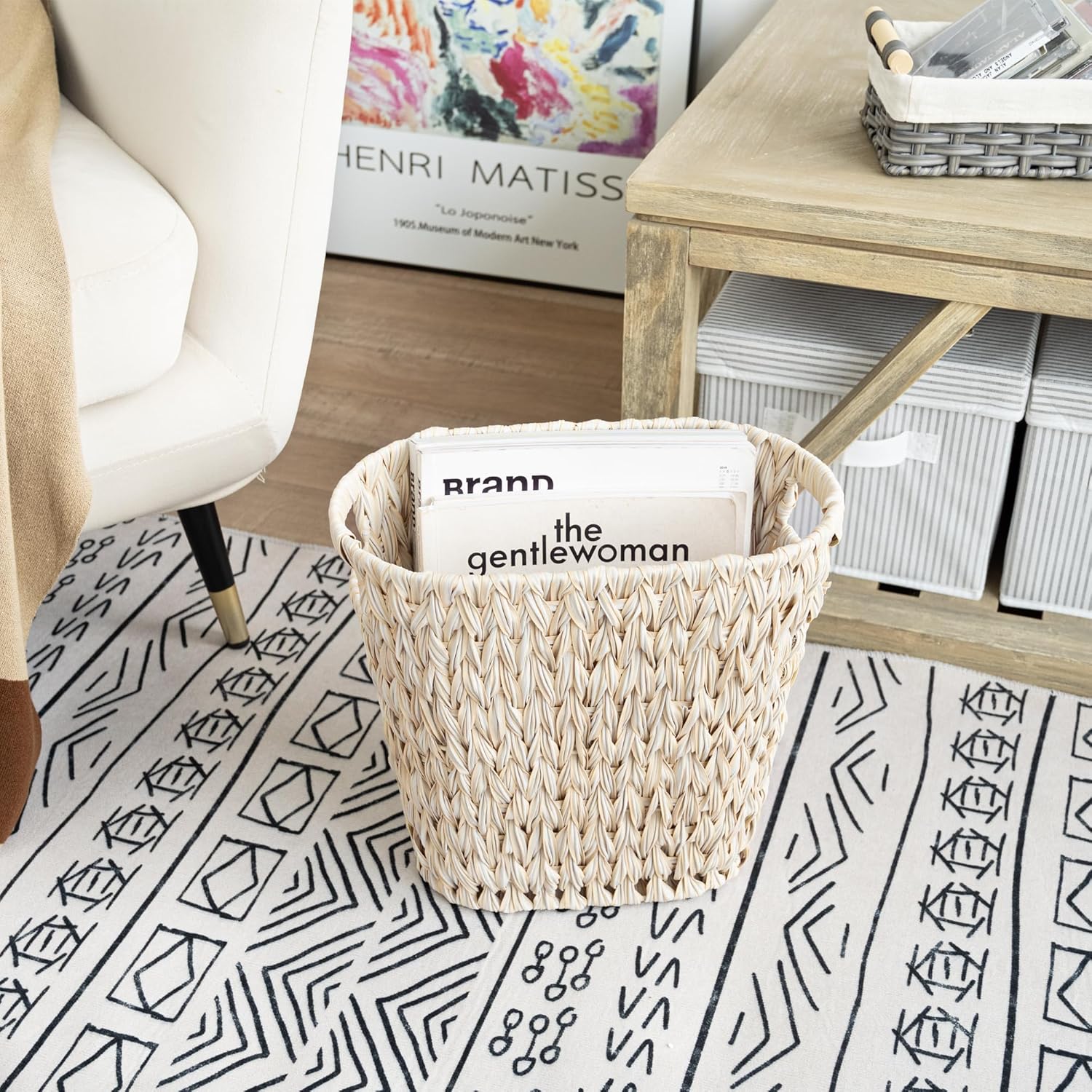 Wicker Trash Can, Waterproof Bathroom Trash Can, Wicker Waste Basket for Bathroom, Decorative Boho Waste Basket for Bedroom, Office, 19 Liters/5 Gallons