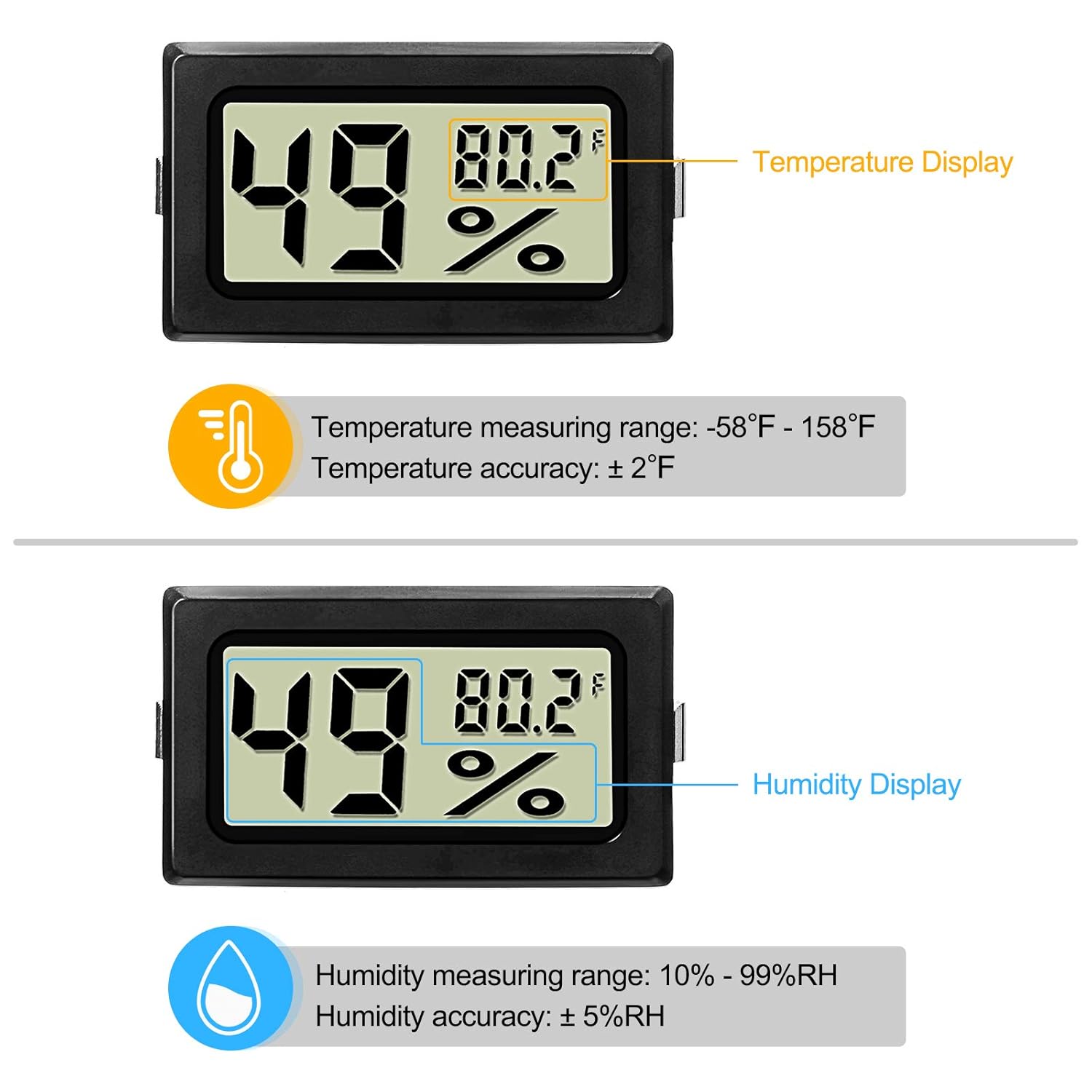 Mini Digital Temperature Humidity Meters Gauge with Probe Gauge LCD Fahrenheit Display Thermometer Hygrometer for Incubator Reptile Plant Greenhouse Chicken Coop Garden Black, 3 Pieces