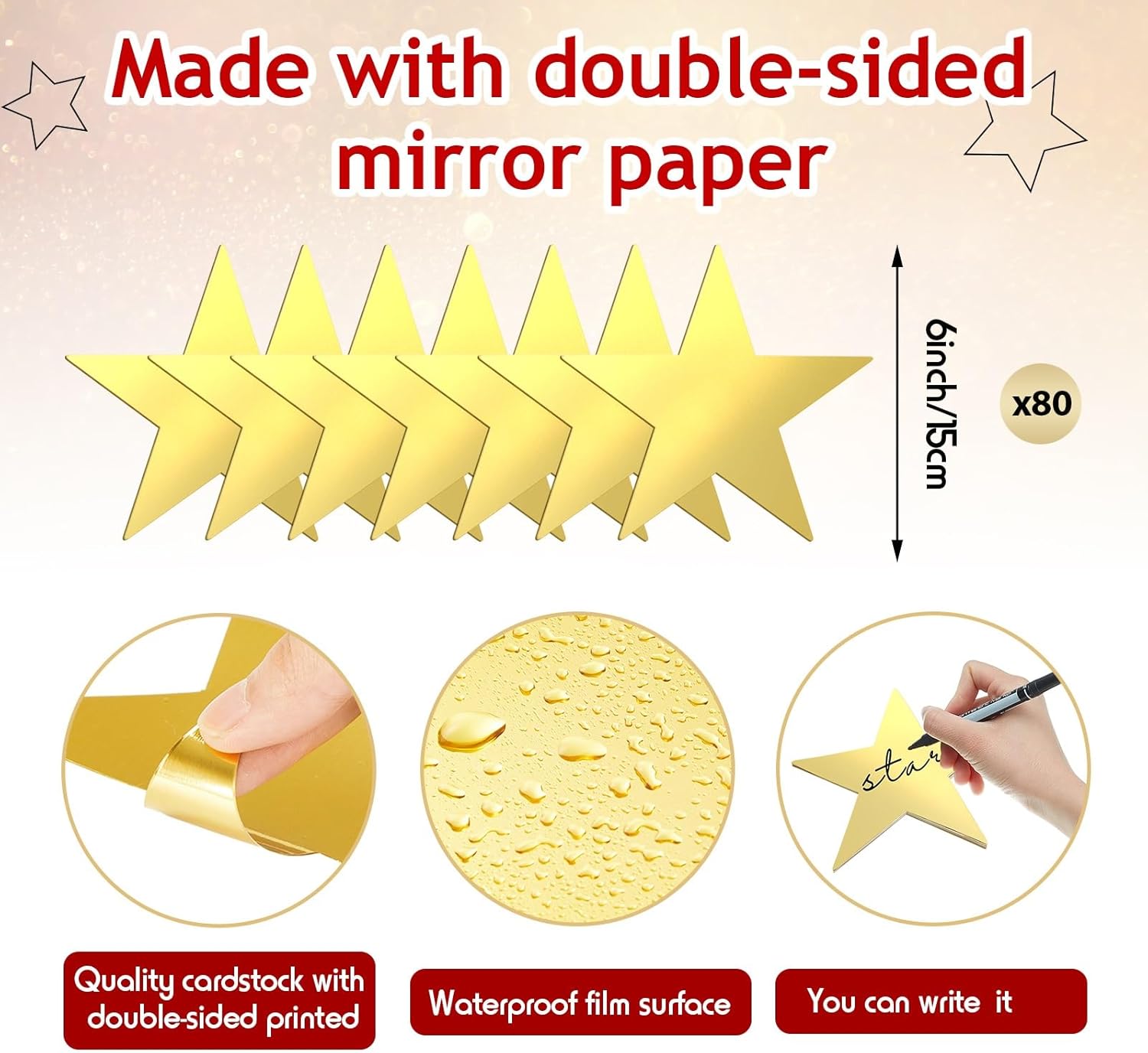 80 Pieces Stars Cutouts Glitter Double Printed Paper Cardboard Stars Decorations for Bulletin Board Classroom Wall Party Decoration Supply, 6 Inches Gold