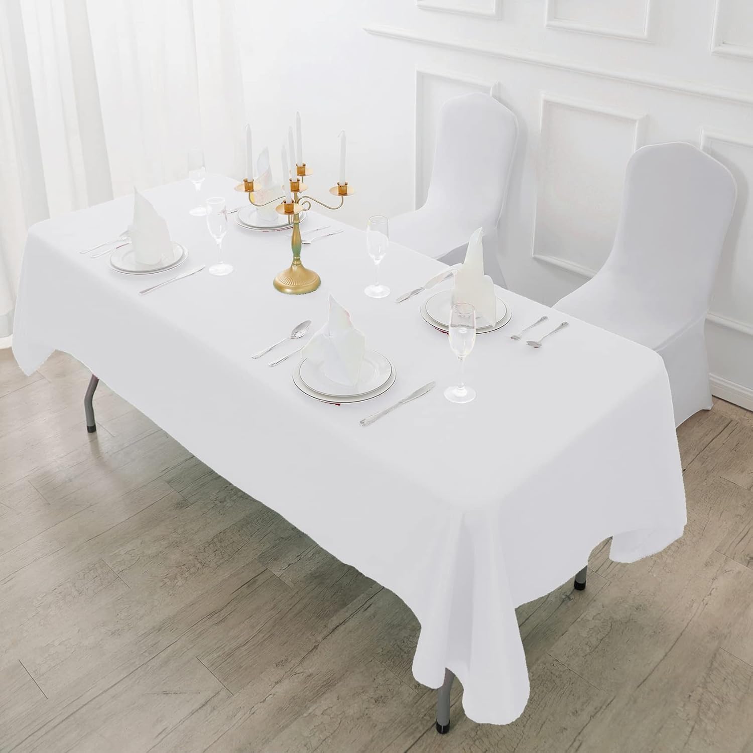 6 Pack Rectangle Tablecloth, 90x156 Inch, Stain Resistant and Wrinkle Polyester Table Cloth, Fabric Table Cover for Kitchen Dining, Wedding, Party, Holiday Dinner-White