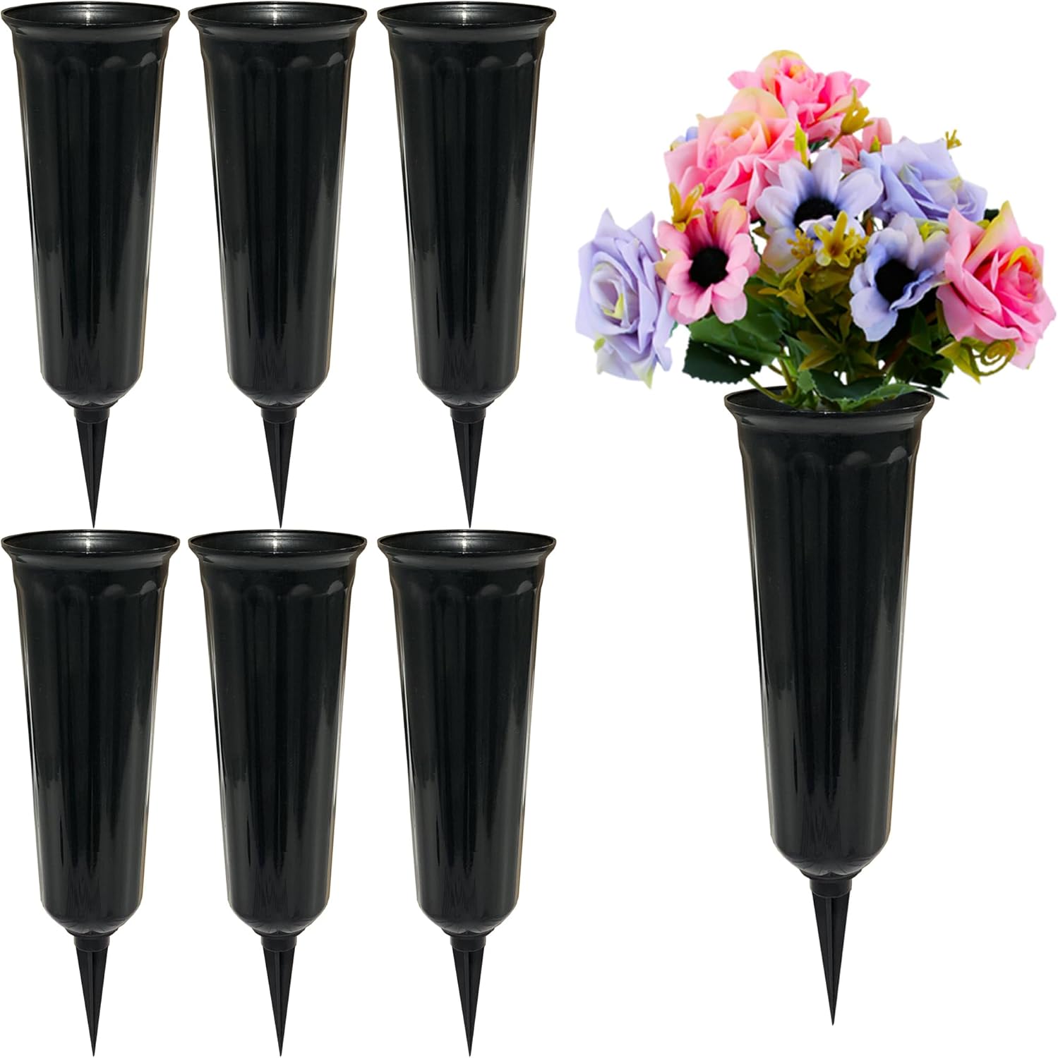 Memorial Floral Vases, Cemetery Vase, Headstones Flower Holder, Grave Cone Vase, Flower Pots for Outdoor Plants, Decorative Plastic Containers Set of 6, Black