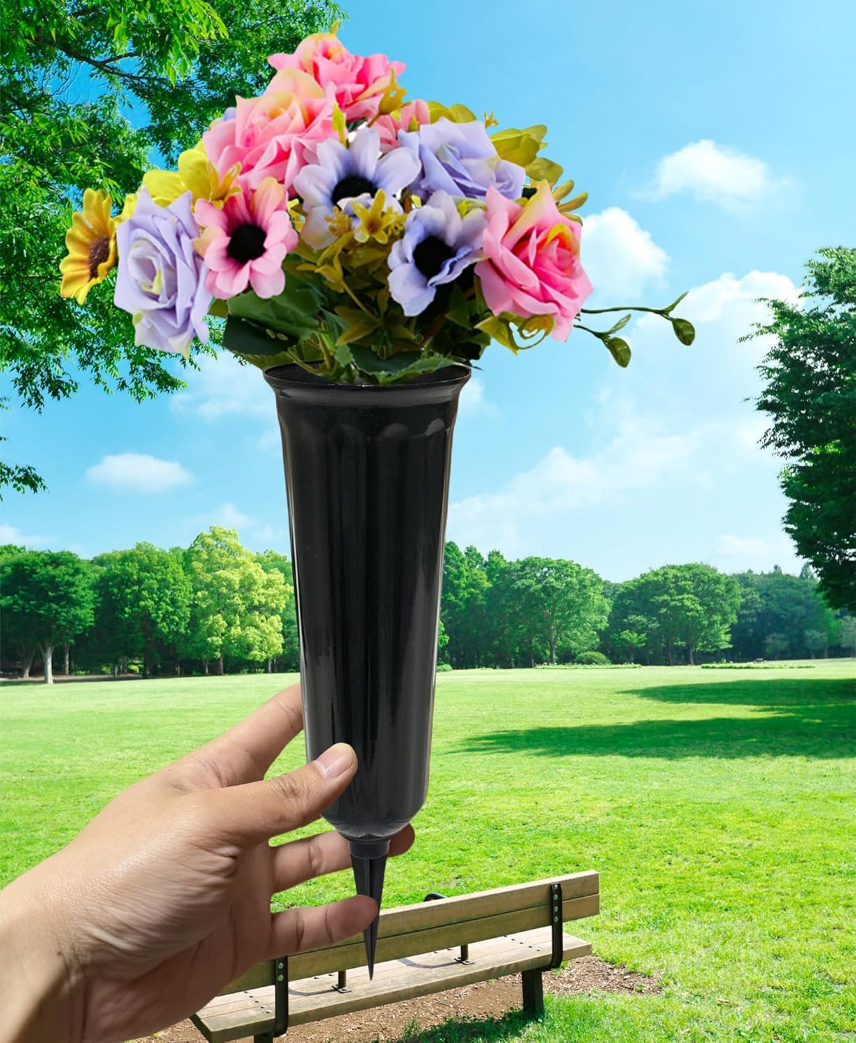 Memorial Floral Vases, Cemetery Vase, Headstones Flower Holder, Grave Cone Vase, Flower Pots for Outdoor Plants, Decorative Plastic Containers Set of 6, Black