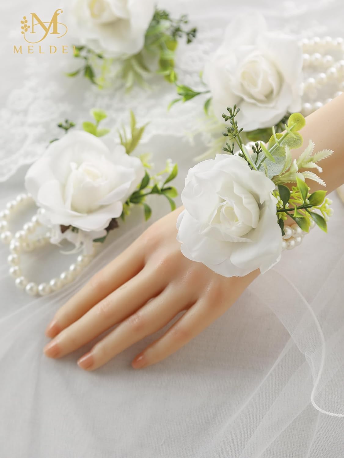 White Ivory Rose Wrist Corsage, Set of 6, Wedding Bridal Flower Corsage Hand Decor for Prom Party Homecoming, Wristband Flowers Bride, Bridesmaid, Girl