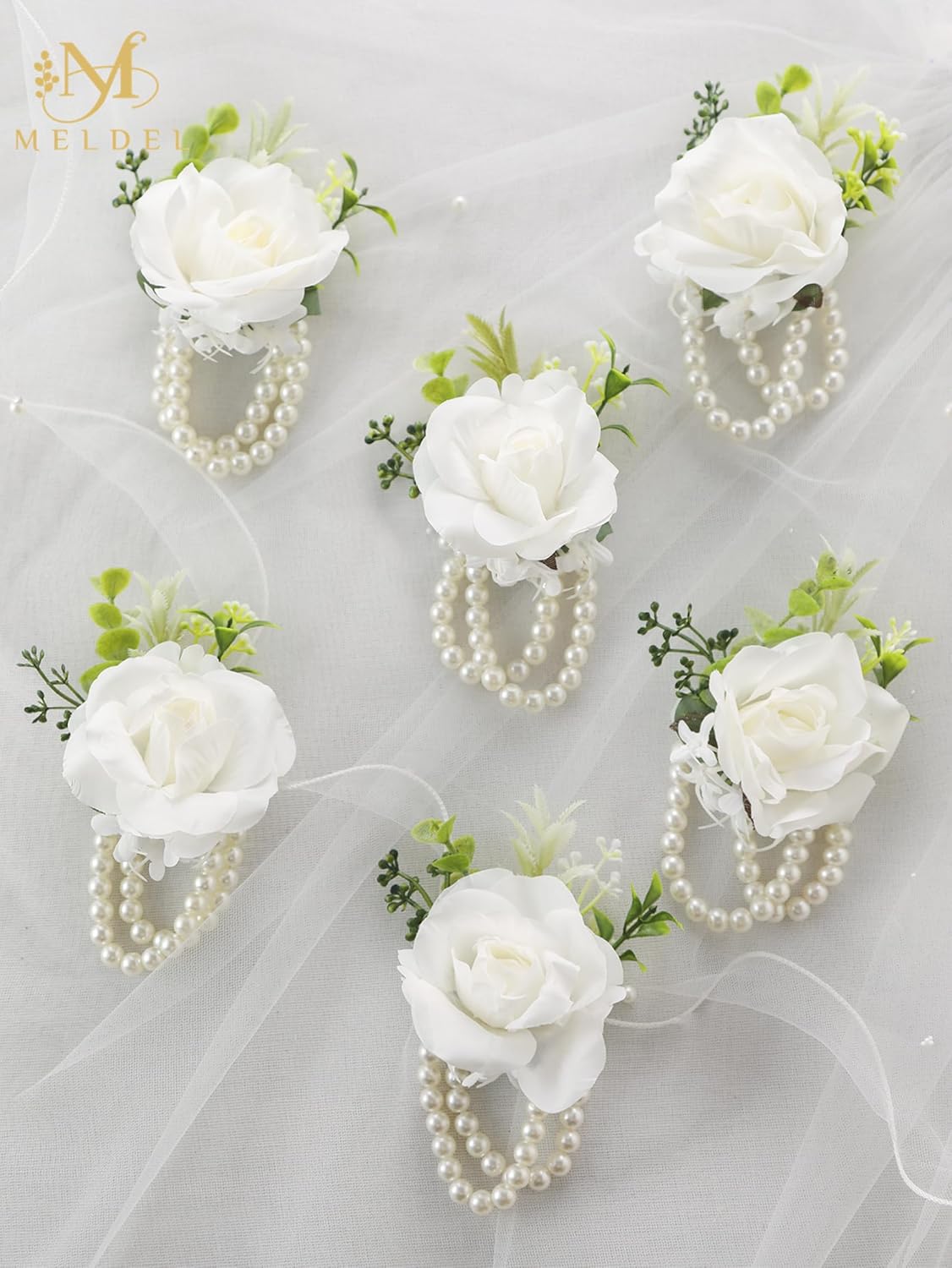 White Ivory Rose Wrist Corsage, Set of 6, Wedding Bridal Flower Corsage Hand Decor for Prom Party Homecoming, Wristband Flowers Bride, Bridesmaid, Girl