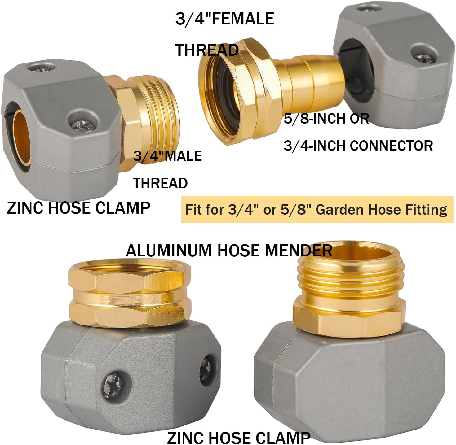 Garden Hose Repair Kits, 3 Sets Aluminum Alloy Water Hose Connector, Fit 3/4" and 5/8" Garden Hose, Male and Female Hose End Repair Fittings Replacement, Hose Mender Kit