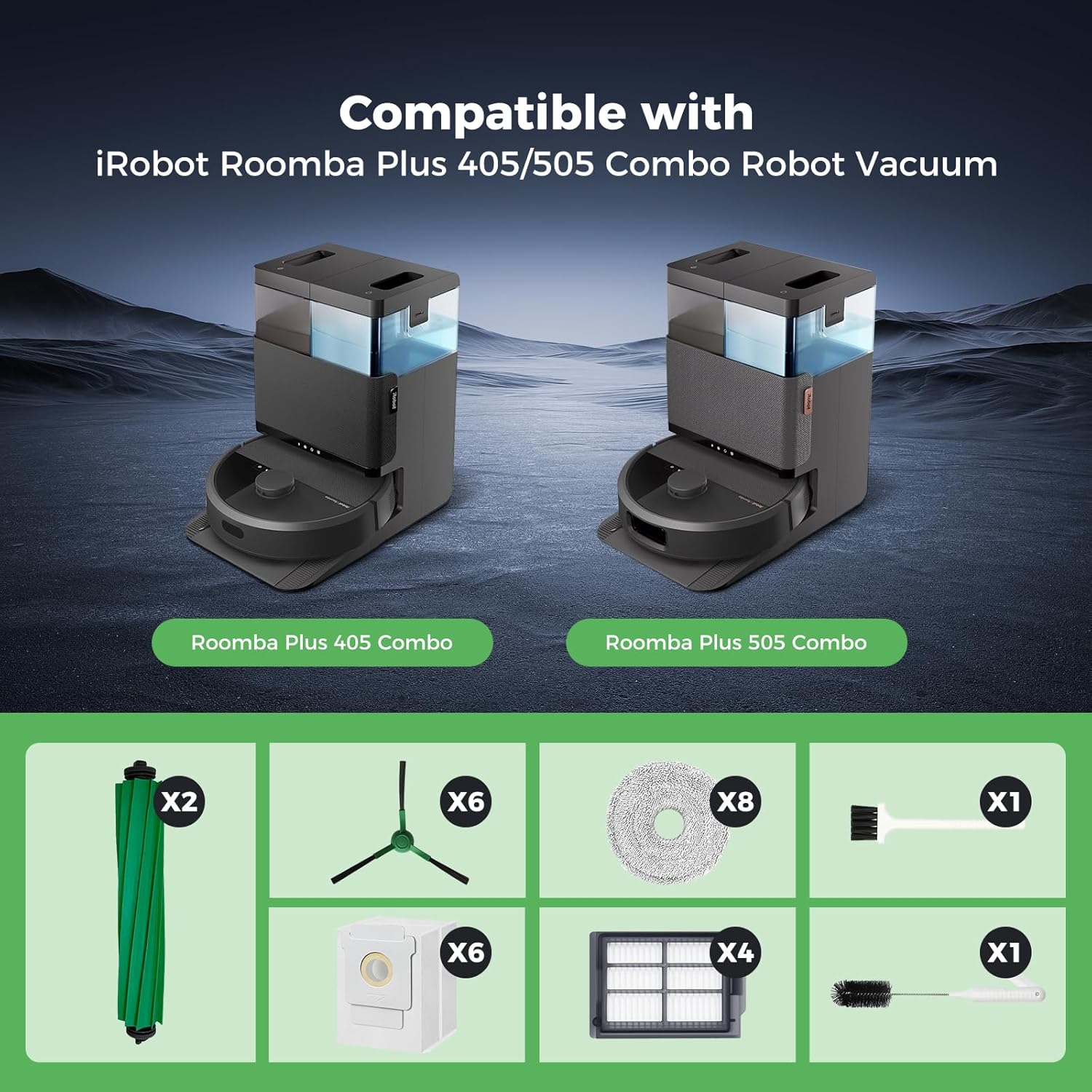 28PCS Accessories for iRobot Roomba Plus 405/505/507 Combo Robot Vacuum Cleaner, Parts Contents 2 Roller Brushes, 6 Side Brushes, 6 Dust Bags, 4 HEPA Filters, 8 Mop Pads, 1 Cleaning Brush