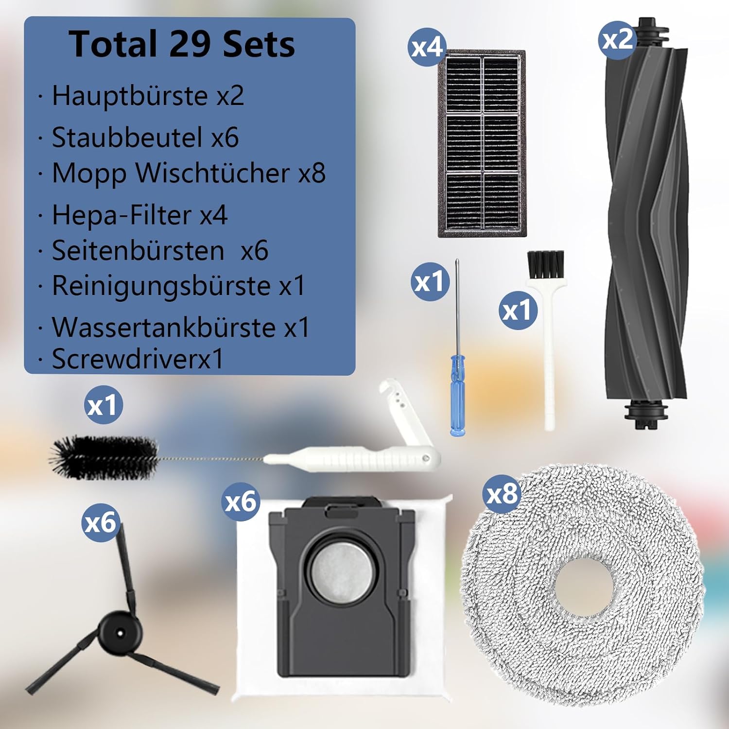 Accessories Replacement Part for Dreame X40 ultra/ L40 ultra /X40 master/Mova P50 Pro Ultra/Mova P10 Pro Ultra Robot Vacuum Cleaner, 2 Main Brush, 4 Carbon HEPA Filters,6 Side Brushes- 29 pcs