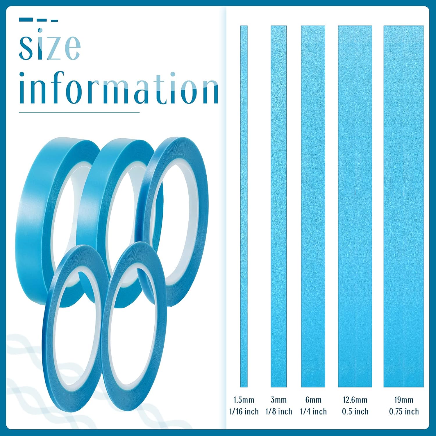 5 Rolls of Vinyl Tape Masking Tape Automotive Car Auto Paint for Curves, High Temperature Vinyl Low Tack 1/16 Inch, 1/8 Inch, 1/4 Inch, 1/2 Inch, 3/4 Inch, Blue