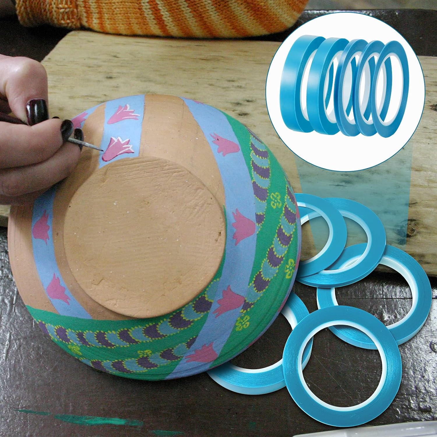 5 Rolls of Vinyl Tape Masking Tape Automotive Car Auto Paint for Curves, High Temperature Vinyl Low Tack 1/16 Inch, 1/8 Inch, 1/4 Inch, 1/2 Inch, 3/4 Inch, Blue