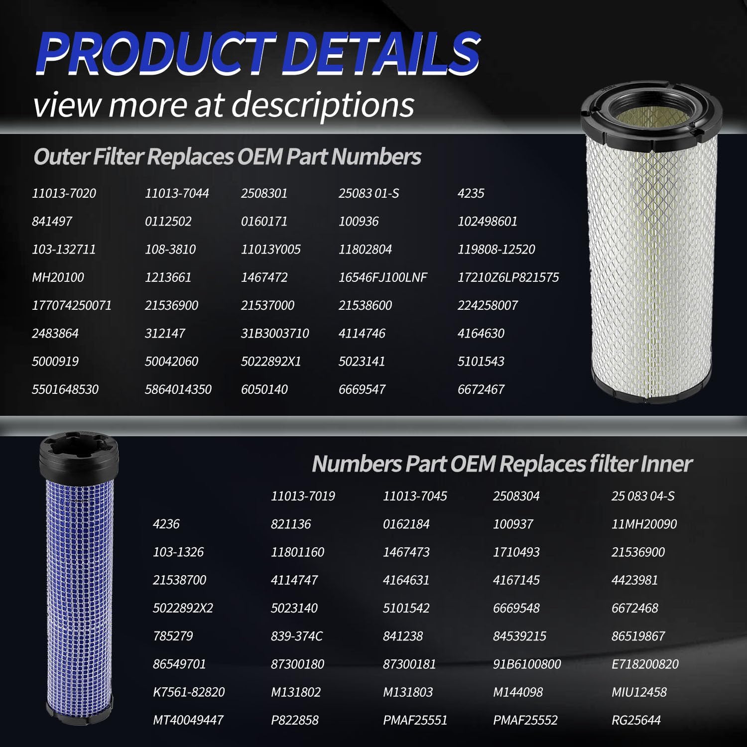 For Kawasaki 11013-7044 & 11013-7045 Inner & Outer Air Filter Cleaners Combo OEM for Donaldson Kohler 25-083-01-S P821575 & P822858