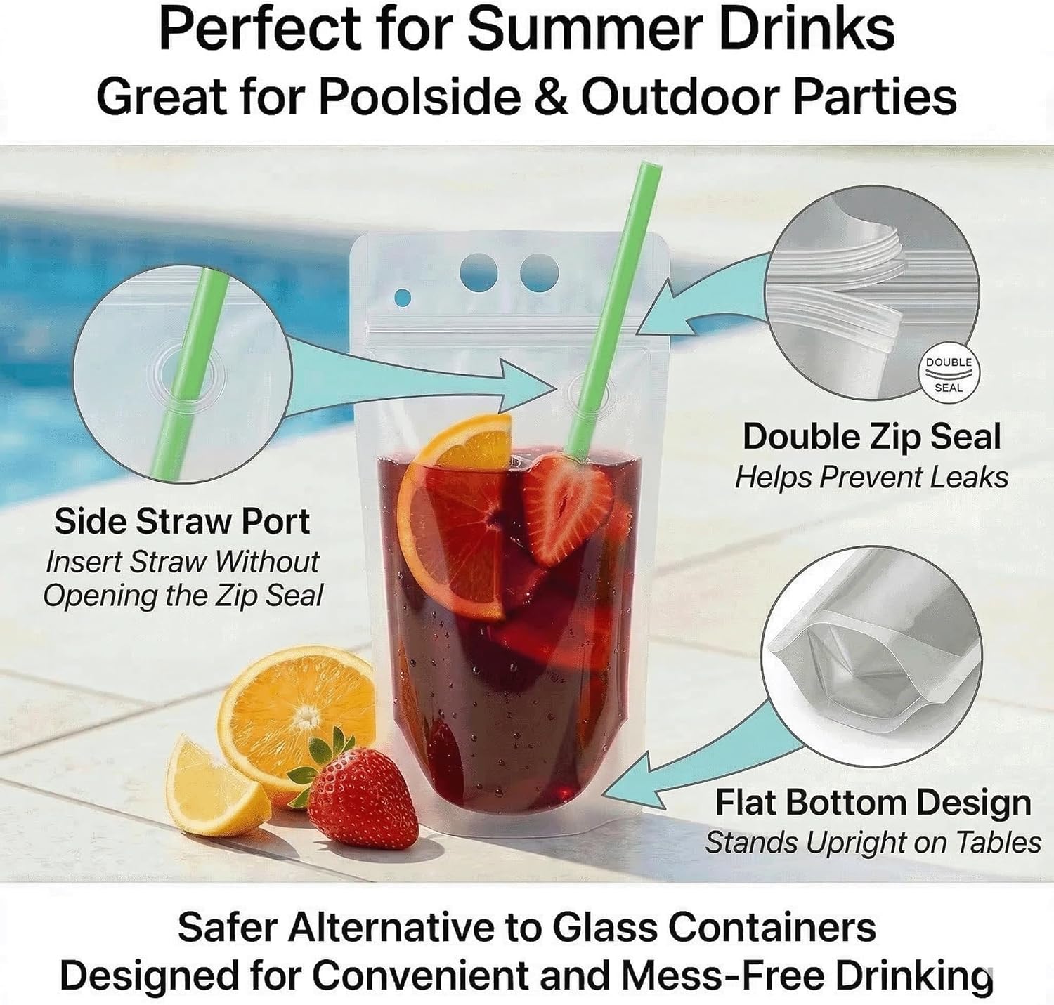100PCS Drink Pouches with Side Straw Port, Resealable Leak-Resistant Beverage Bags with Straws & Funnel, 17oz Bulk Party Drink Containers for Cocktails, Juice & Slushies