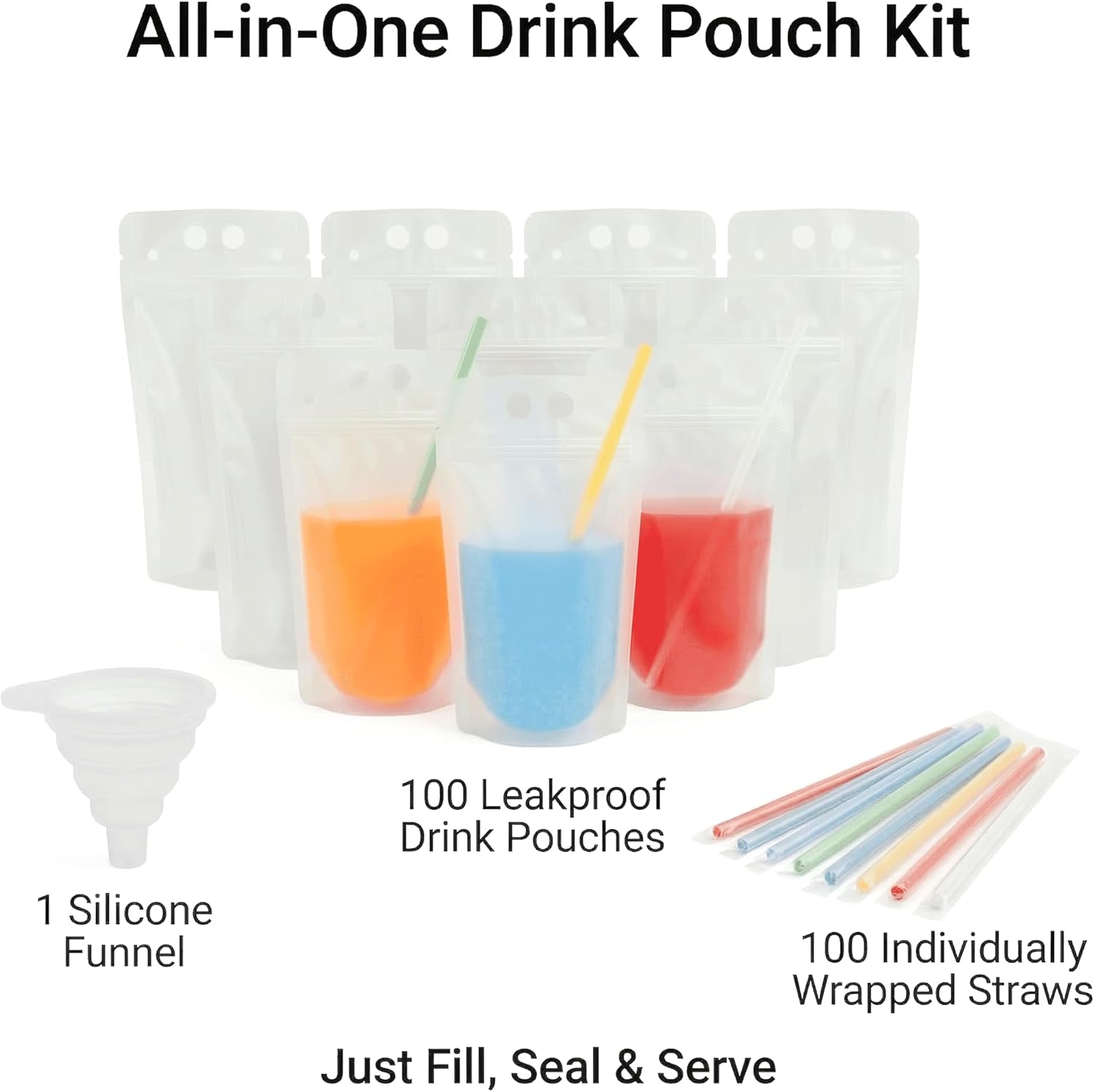 100PCS Drink Pouches with Side Straw Port, Resealable Leak-Resistant Beverage Bags with Straws & Funnel, 17oz Bulk Party Drink Containers for Cocktails, Juice & Slushies