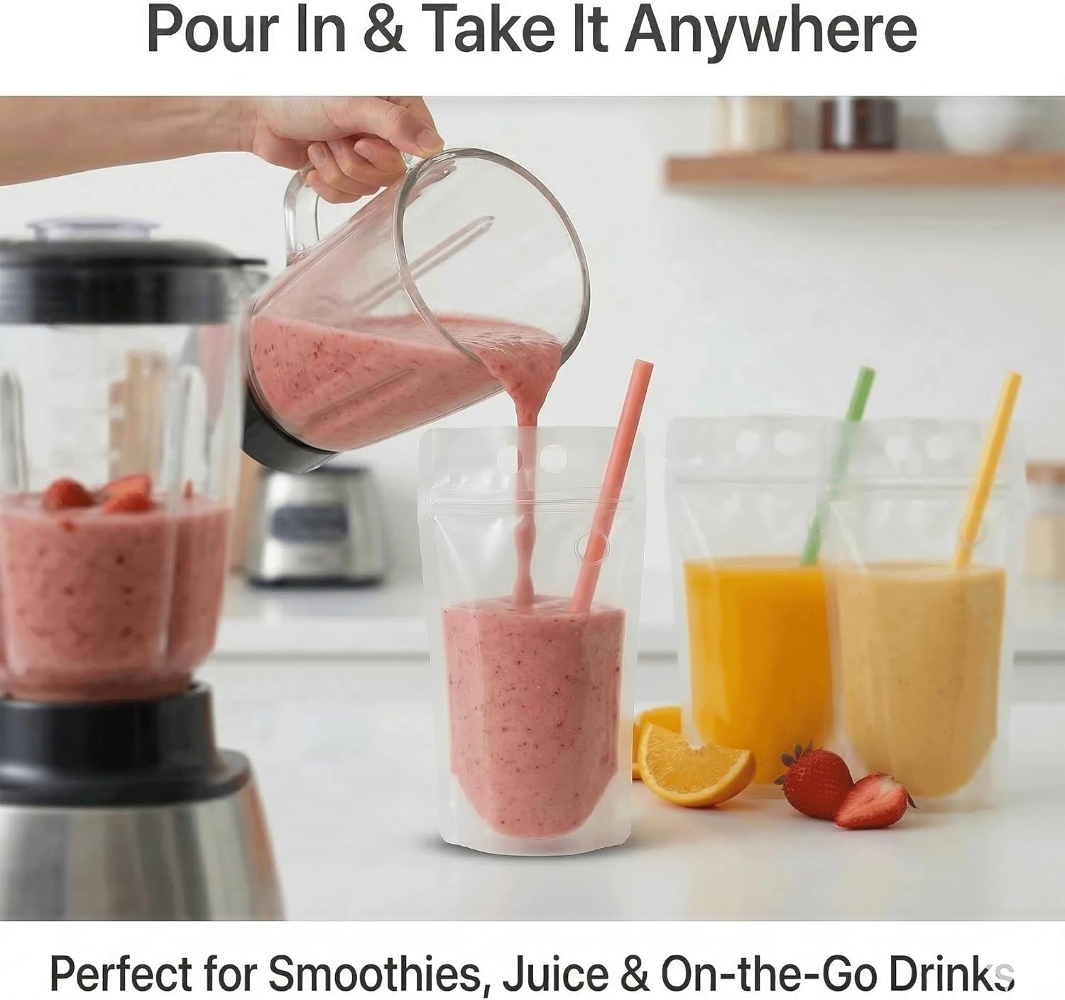 100PCS Drink Pouches with Side Straw Port, Resealable Leak-Resistant Beverage Bags with Straws & Funnel, 17oz Bulk Party Drink Containers for Cocktails, Juice & Slushies