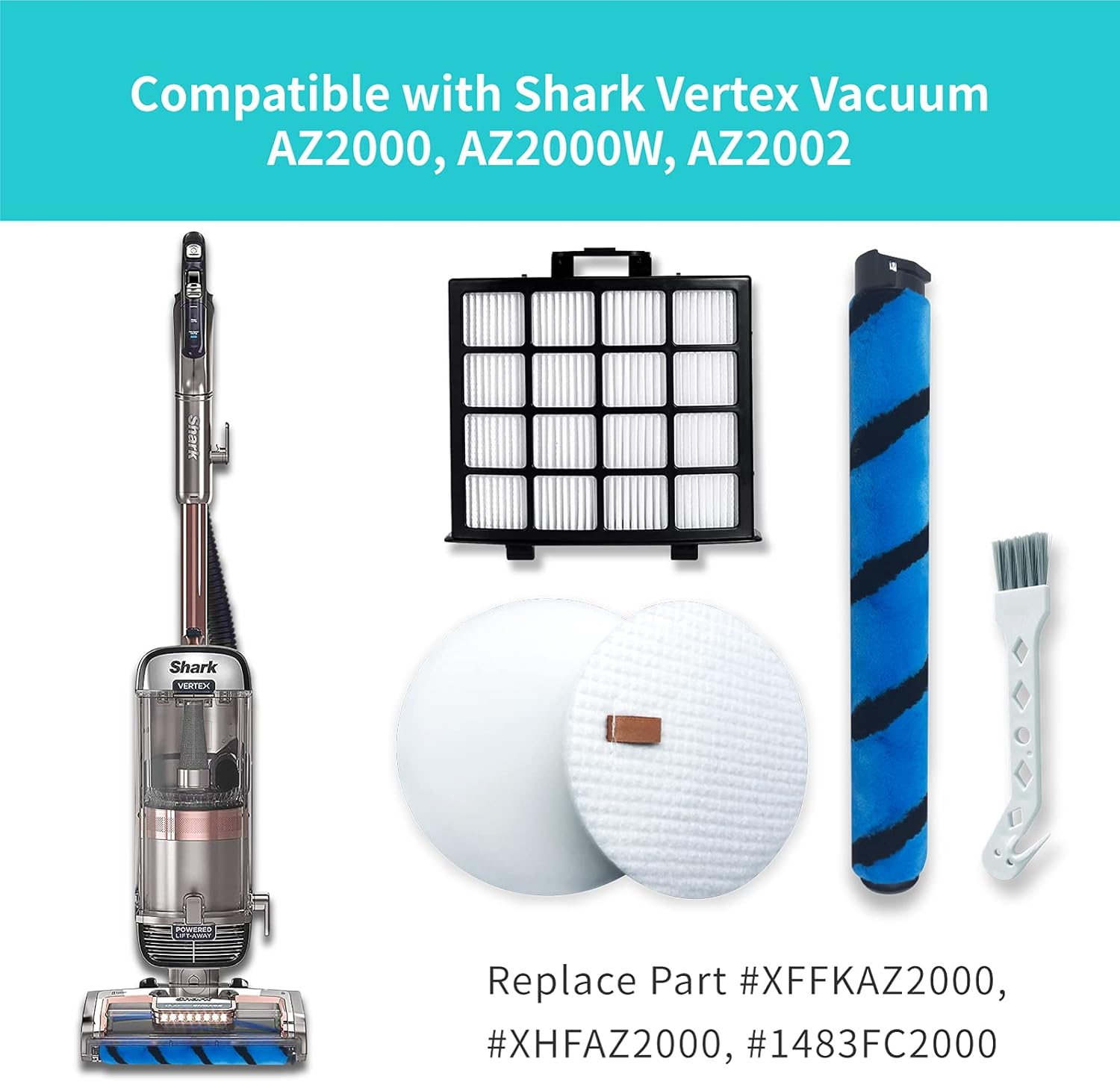 AZ2002 Filter Replacement Accessories for Shark AZ2002 AZ2000 AZ2000W Vertex DuoClean PowerFin Upright Vacuum, 2 Post-Motor Filters, 4 Foam & Felt Filters, 1 Soft Brushroll