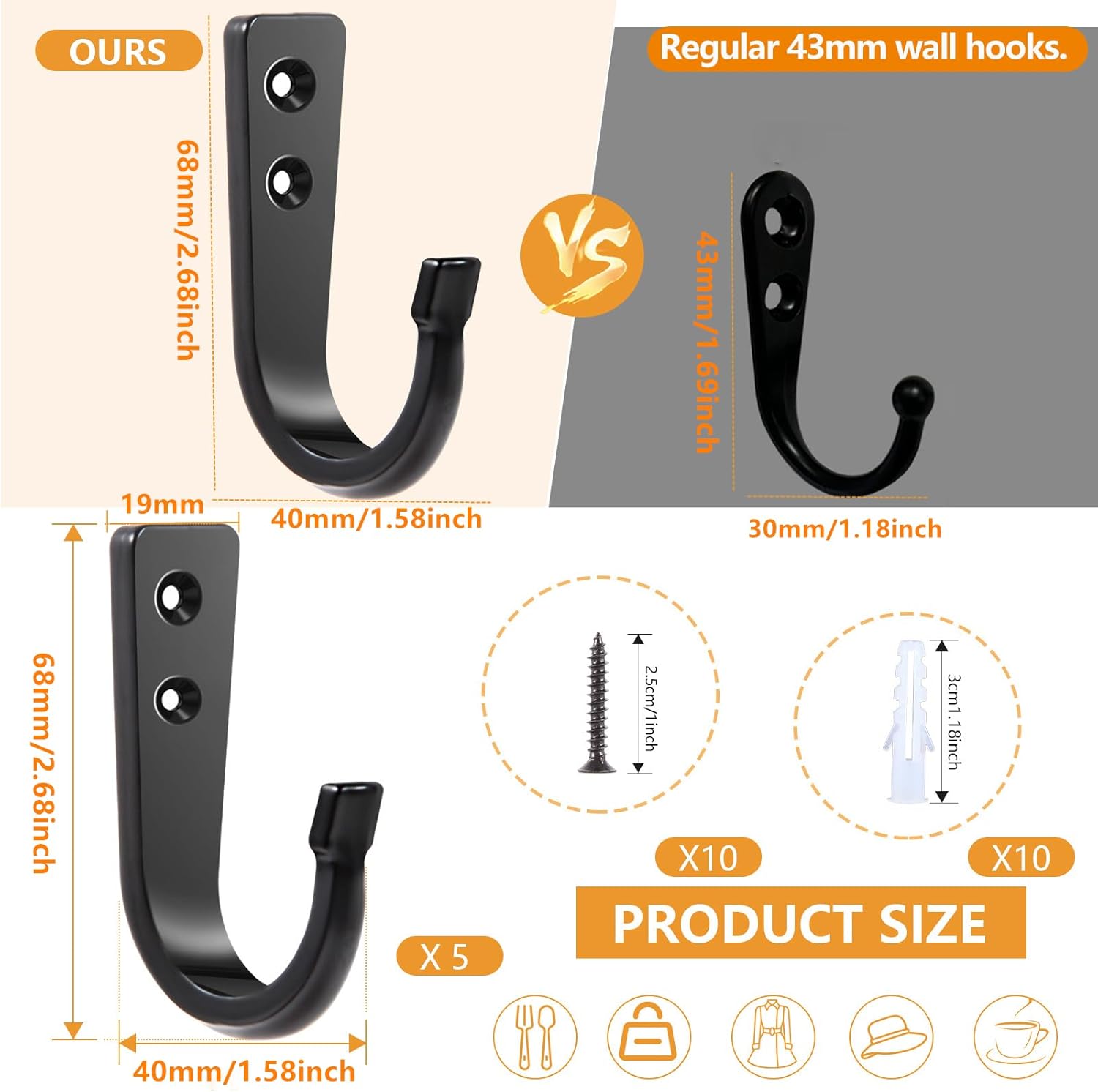 5 Large Size Heavy Duty Wall Hooks, Coat Hooks for Hanging Pans, Backpacks, Coats, Garage Items Black