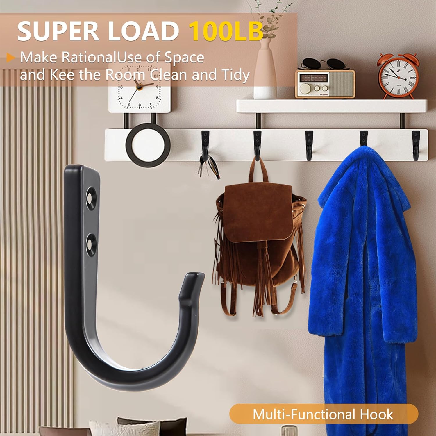 5 Large Size Heavy Duty Wall Hooks, Coat Hooks for Hanging Pans, Backpacks, Coats, Garage Items Black