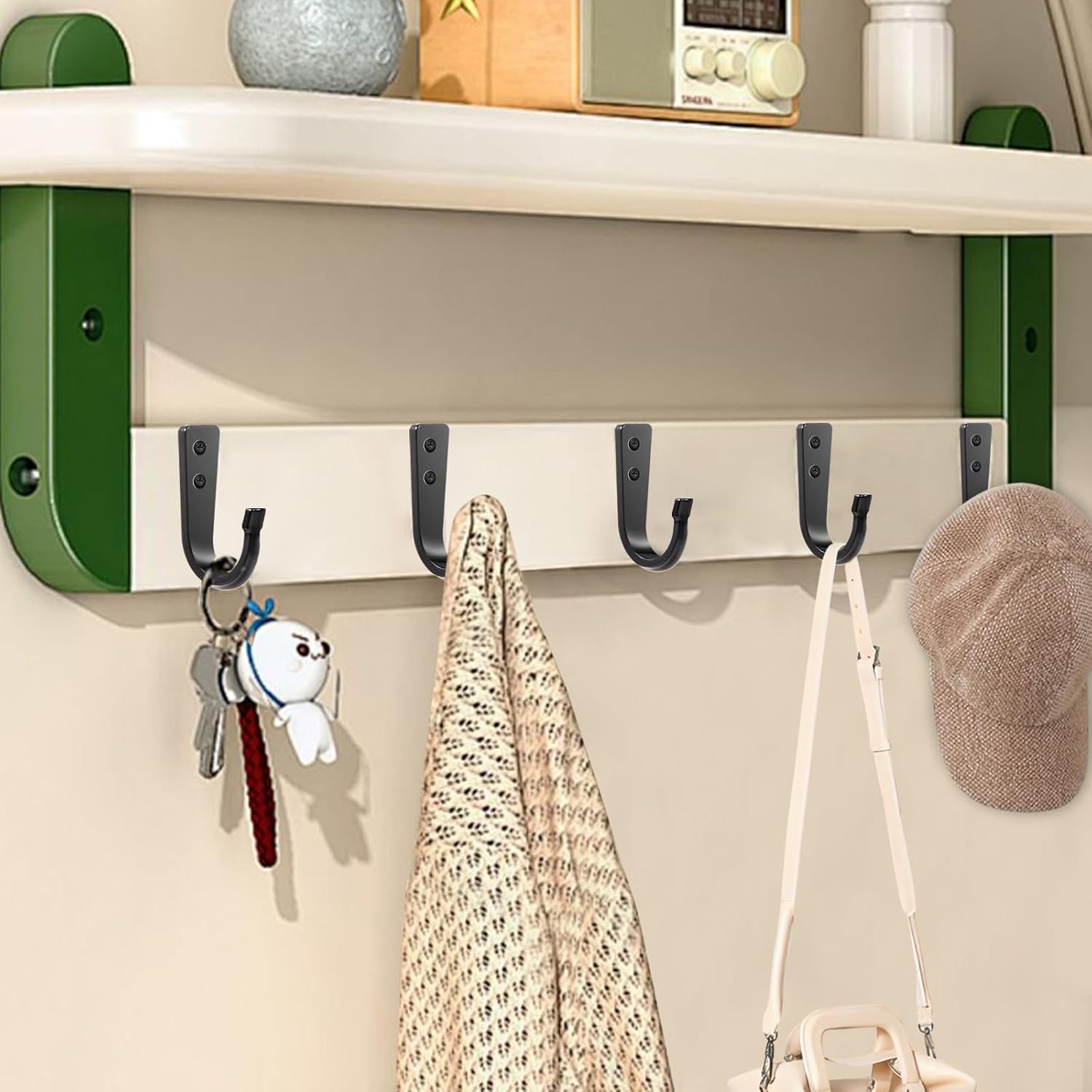 5 Large Size Heavy Duty Wall Hooks, Coat Hooks for Hanging Pans, Backpacks, Coats, Garage Items Black