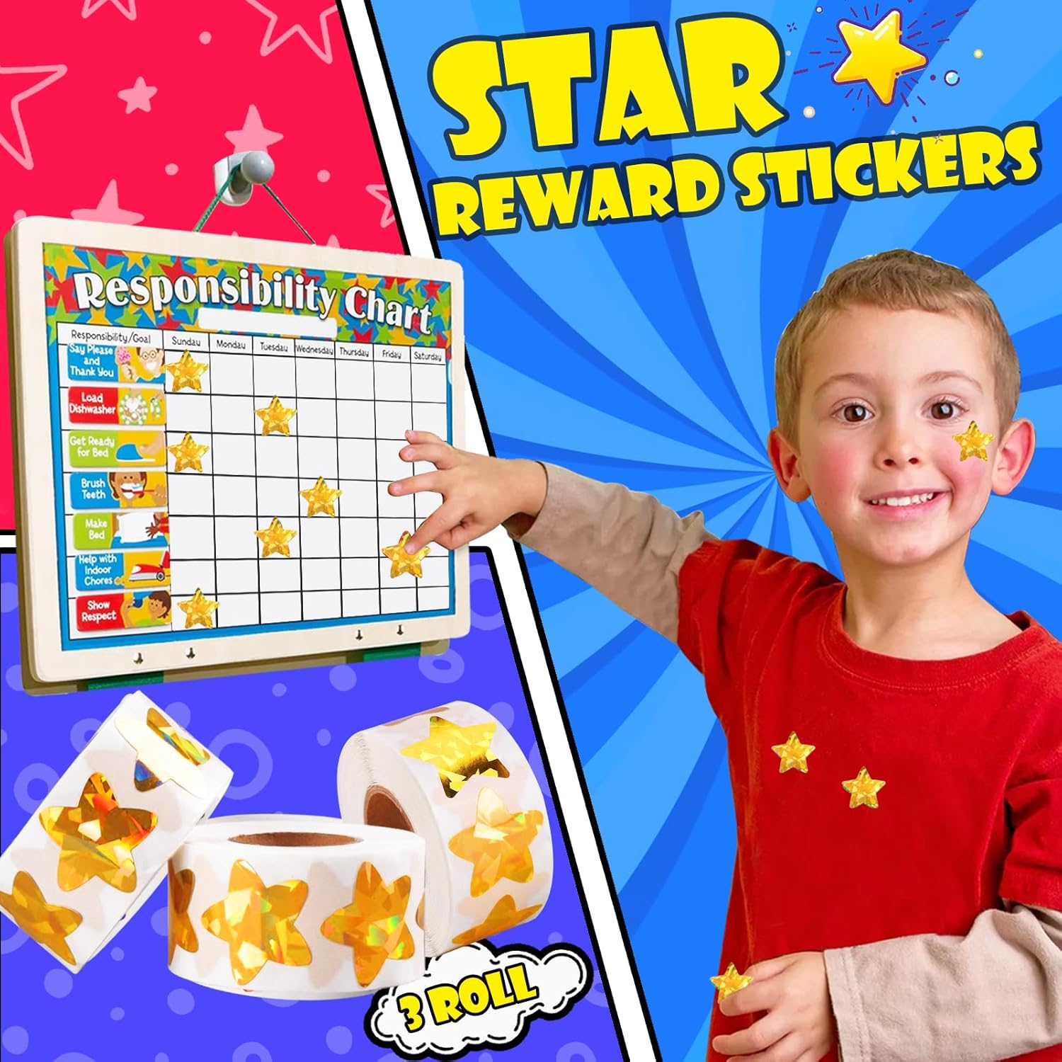 1500 PCS Holographic Gold Star Stickers for Kids Reward, Self Adhesive Sparkly Foil Star Stickers for Behavior Chart, Student Planner and School Classroom Teacher Supplies 1" Each