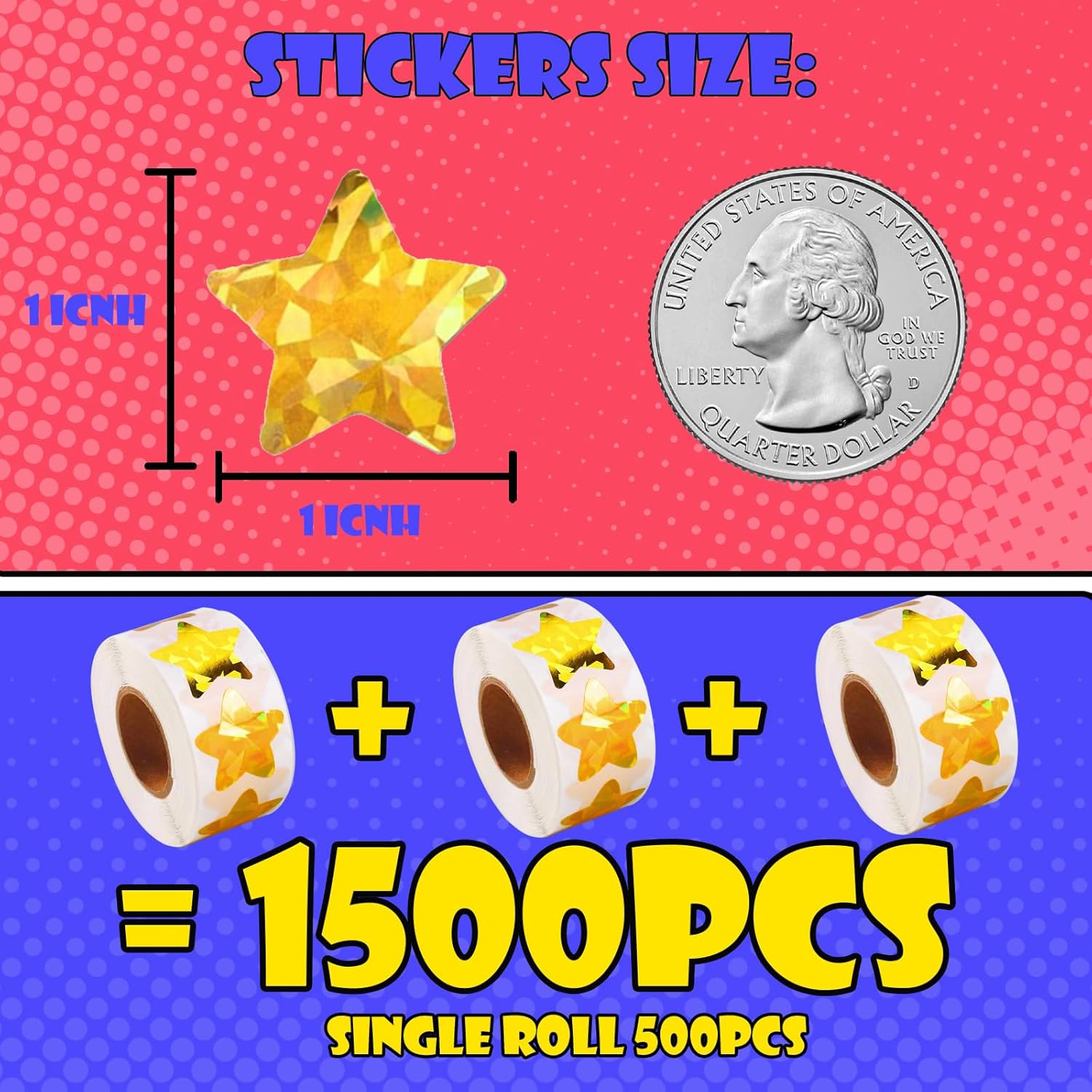 1500 PCS Holographic Gold Star Stickers for Kids Reward, Self Adhesive Sparkly Foil Star Stickers for Behavior Chart, Student Planner and School Classroom Teacher Supplies 1" Each