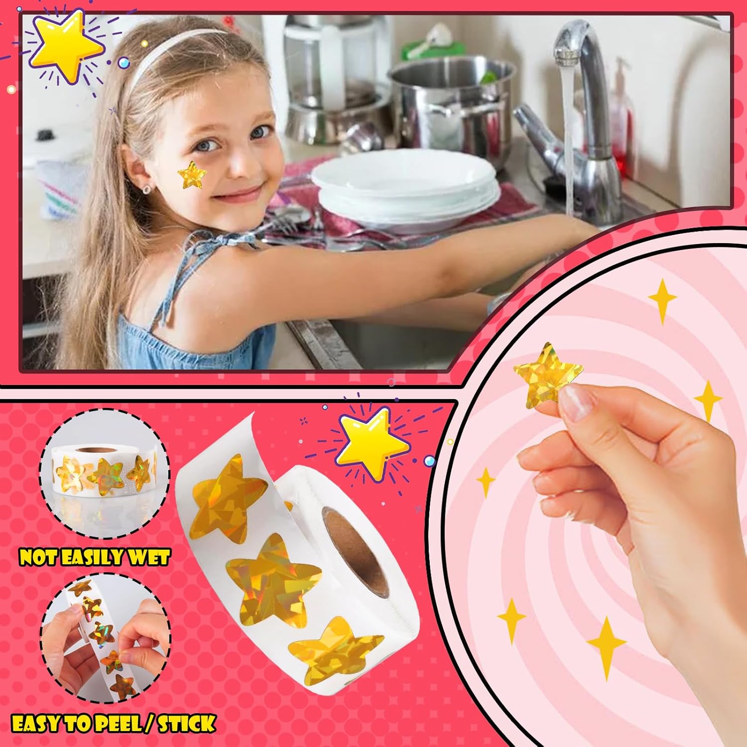 1500 PCS Holographic Gold Star Stickers for Kids Reward, Self Adhesive Sparkly Foil Star Stickers for Behavior Chart, Student Planner and School Classroom Teacher Supplies 1" Each