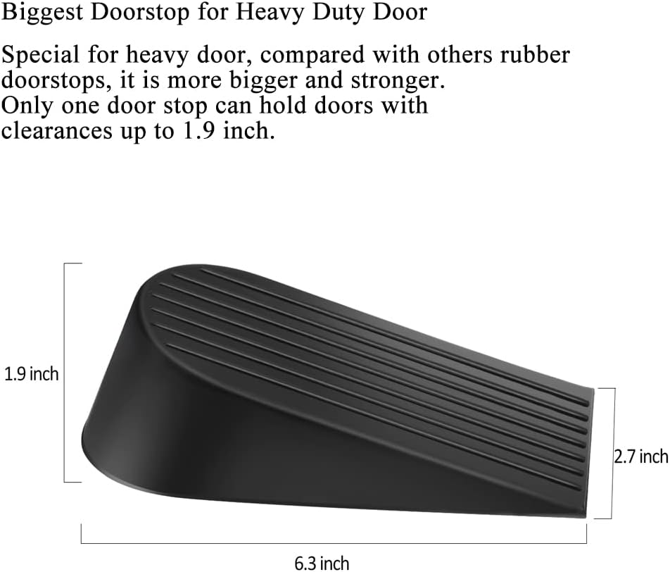 Big Door Stopper 2 Packs, Heavy Duty Wedge Rubber Door Stop Works on All Floor Surfaces, Non-Scratching Doorstops Special for Home Office School Heavy Door Black, H1.9 x L6.3 x W2.7 Inches