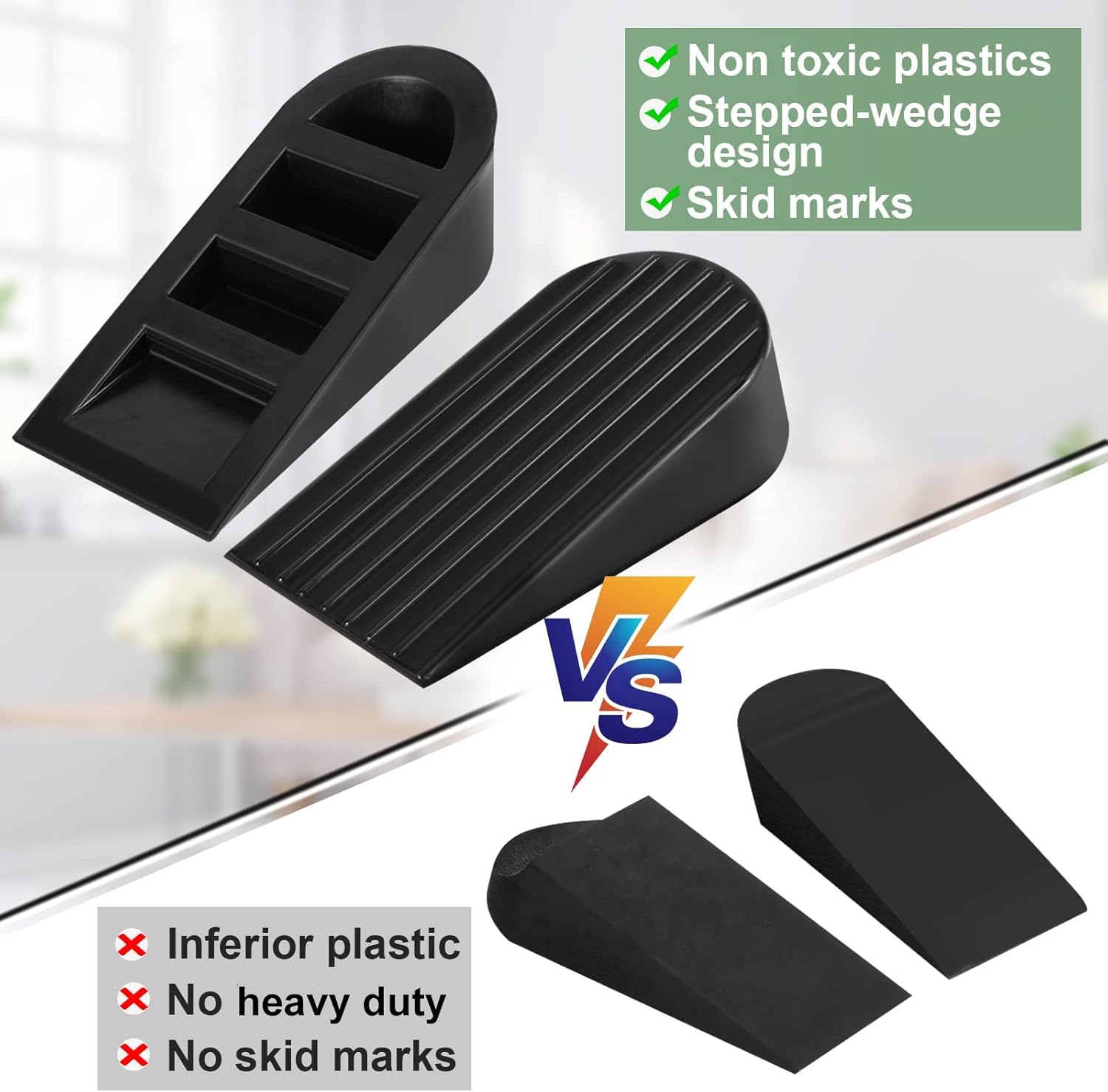 Big Door Stopper 2 Packs, Heavy Duty Wedge Rubber Door Stop Works on All Floor Surfaces, Non-Scratching Doorstops Special for Home Office School Heavy Door Black, H1.9 x L6.3 x W2.7 Inches