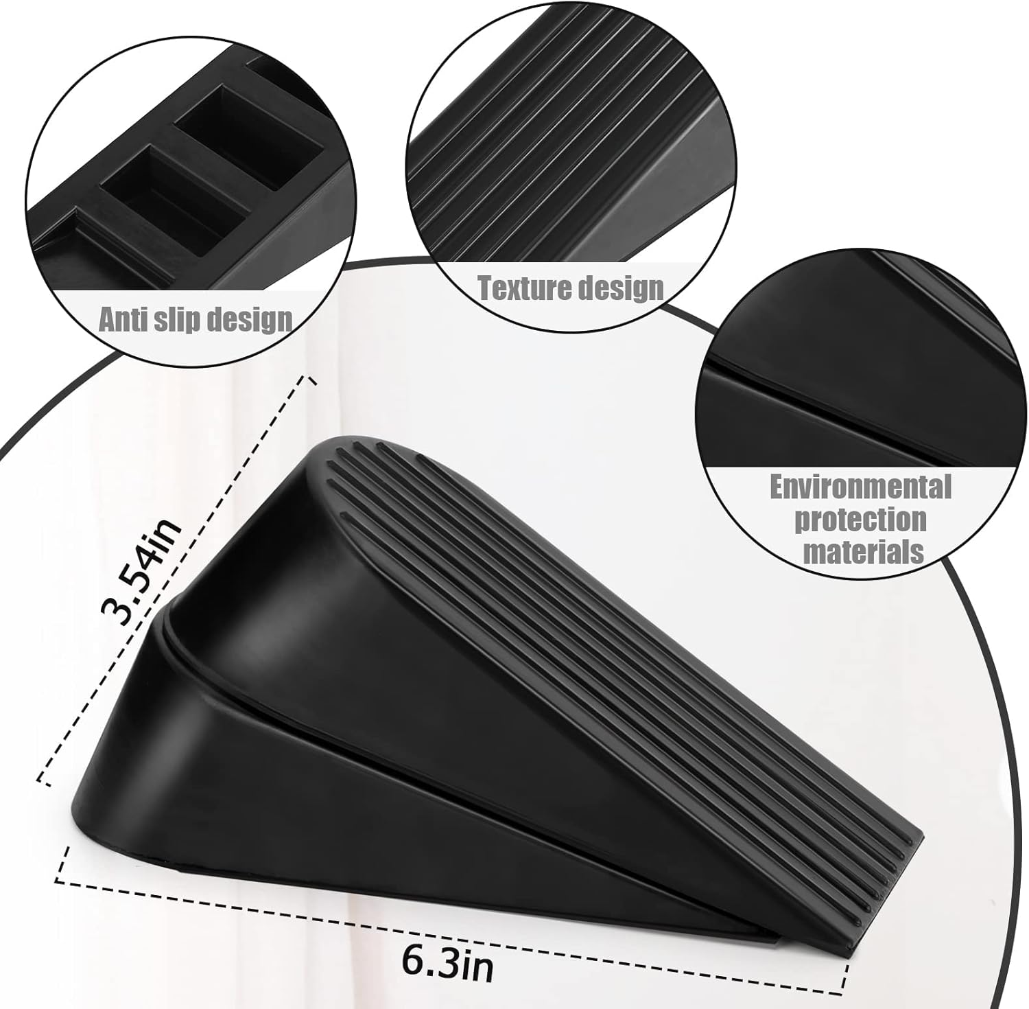 Big Door Stopper 2 Packs, Heavy Duty Wedge Rubber Door Stop Works on All Floor Surfaces, Non-Scratching Doorstops Special for Home Office School Heavy Door Black, H1.9 x L6.3 x W2.7 Inches