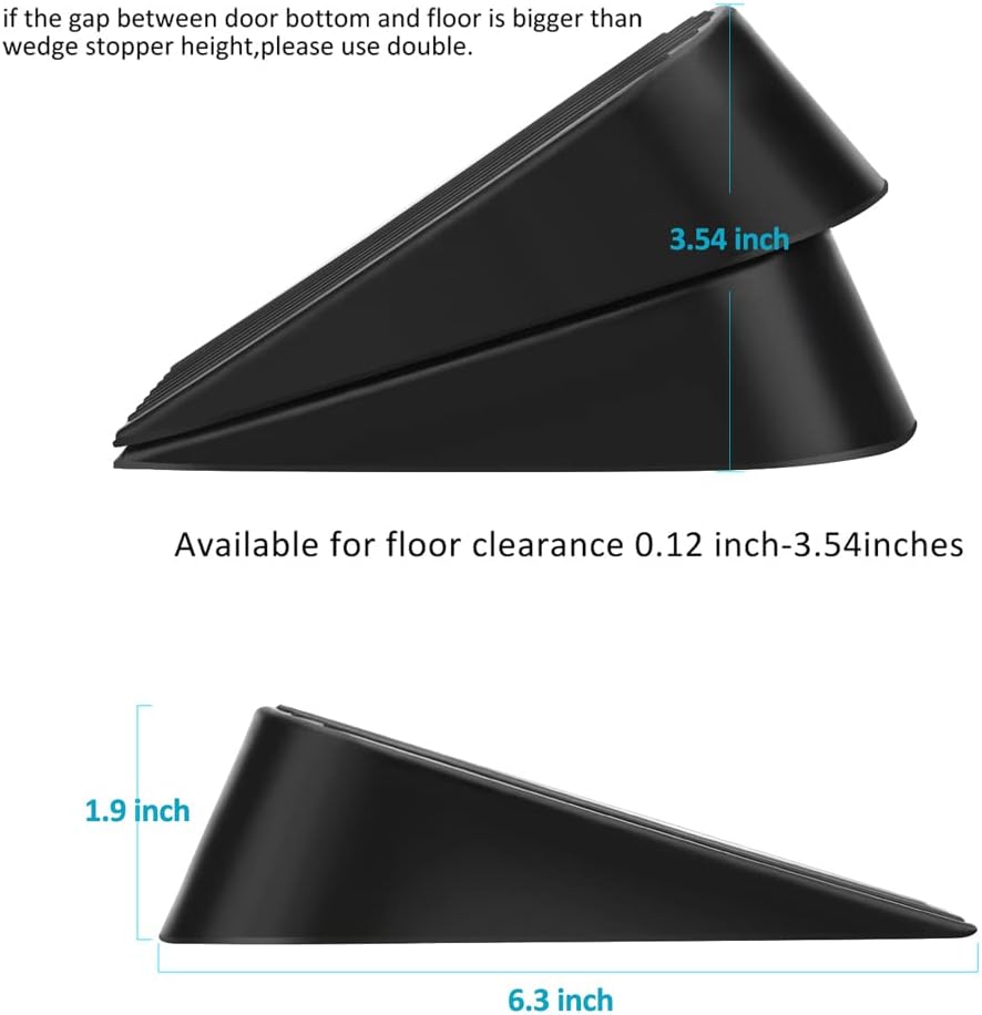 Big Door Stopper 2 Packs, Heavy Duty Wedge Rubber Door Stop Works on All Floor Surfaces, Non-Scratching Doorstops Special for Home Office School Heavy Door Black, H1.9 x L6.3 x W2.7 Inches