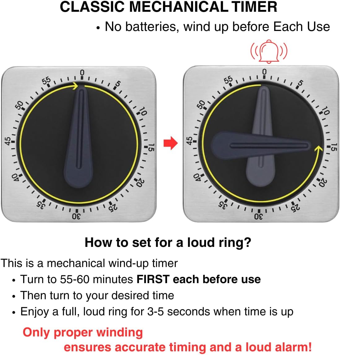 Mechanical Kitchen Timer Magnetic with Loud Alarm, 60-Minute Manual Wind Up Analog Countdown Timer with Stainless Steel Scale, No Batteries for Chef Cooking, Baking, Egg, Oven, Seniors