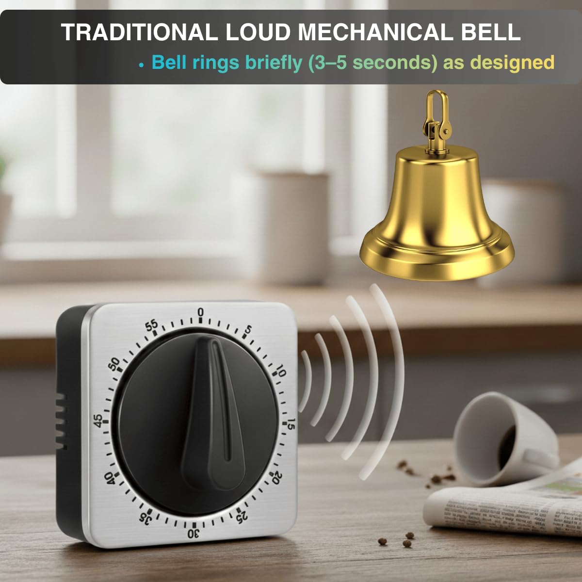 Mechanical Kitchen Timer Magnetic with Loud Alarm, 60-Minute Manual Wind Up Analog Countdown Timer with Stainless Steel Scale, No Batteries for Chef Cooking, Baking, Egg, Oven, Seniors