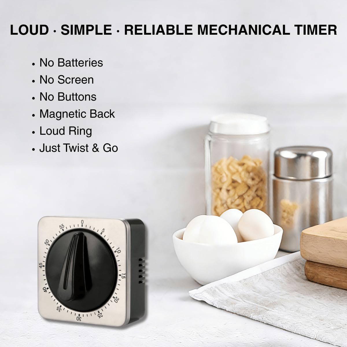 Mechanical Kitchen Timer Magnetic with Loud Alarm, 60-Minute Manual Wind Up Analog Countdown Timer with Stainless Steel Scale, No Batteries for Chef Cooking, Baking, Egg, Oven, Seniors