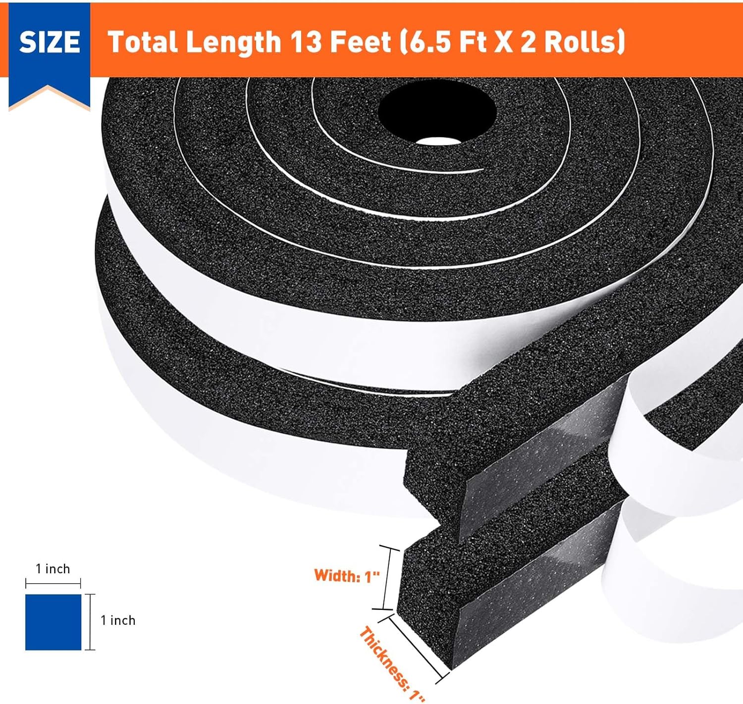 Weather Stripping Door Seal 1 Inch W x 1 Inch T, Strong Adhesion and High Resilience Air Conditioner Foam Insulation for Windows, Total Length 13 Feet 6.5ft x 2 Rolls