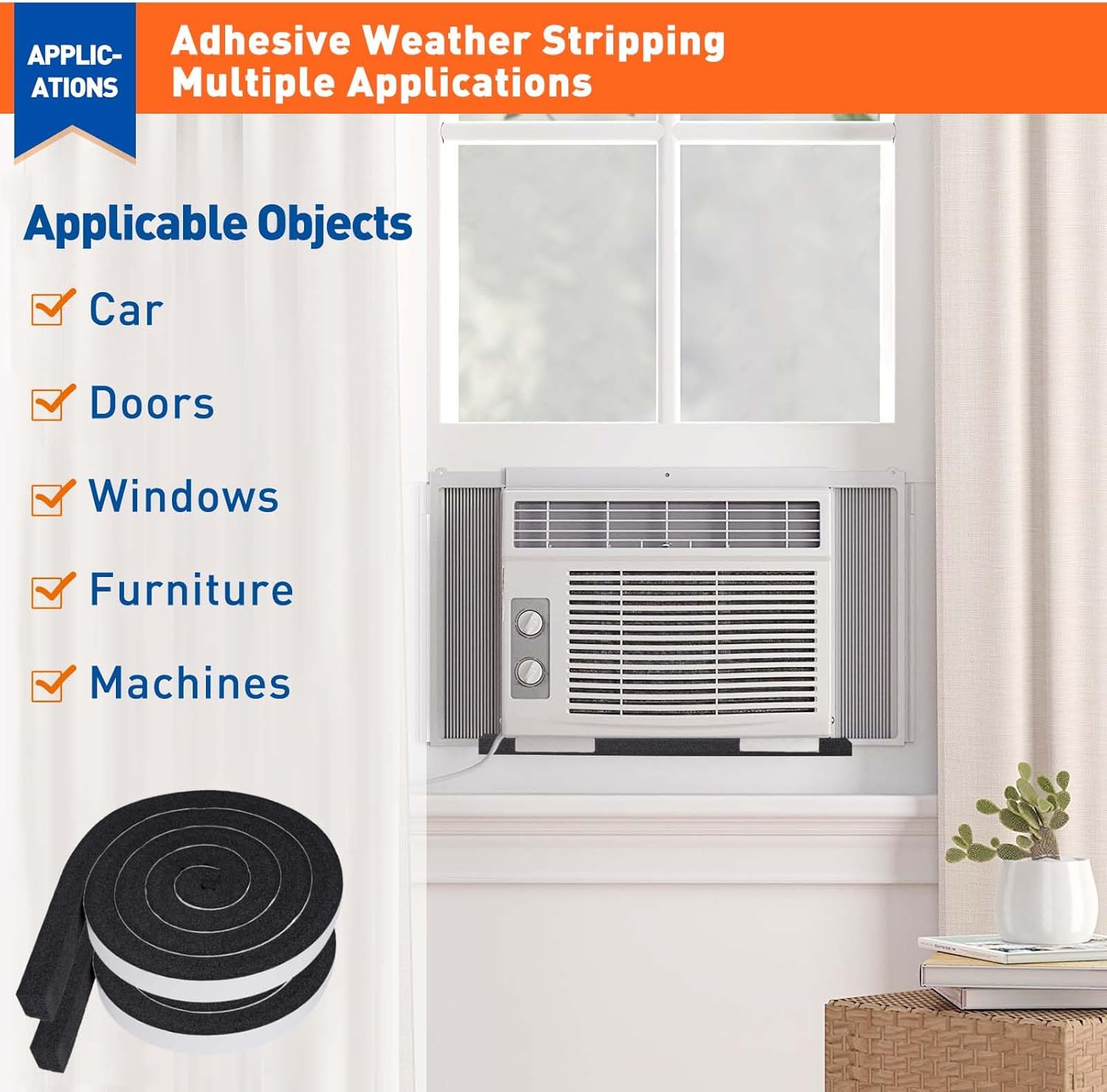 Weather Stripping Door Seal 1 Inch W x 1 Inch T, Strong Adhesion and High Resilience Air Conditioner Foam Insulation for Windows, Total Length 13 Feet 6.5ft x 2 Rolls