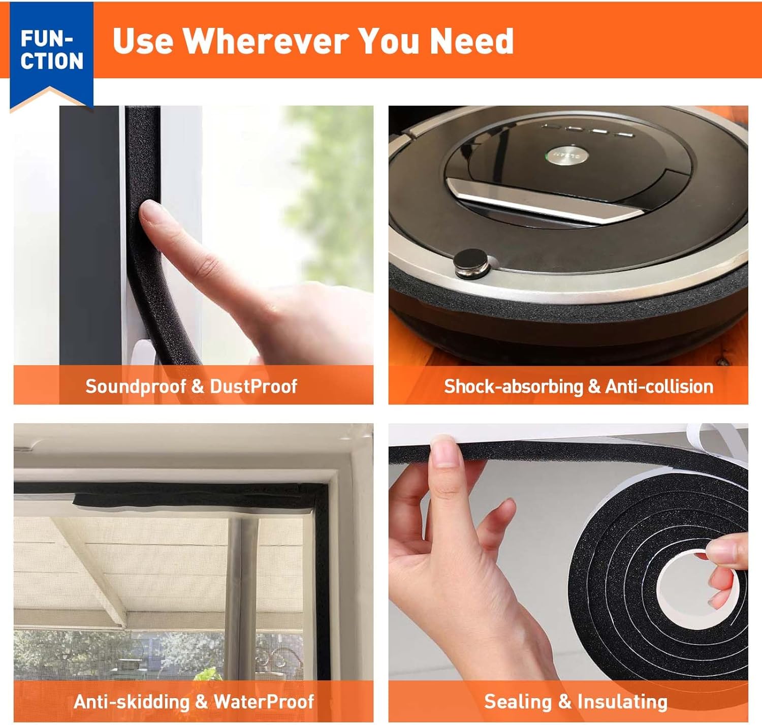 Weather Stripping Door Seal 1 Inch W x 1 Inch T, Strong Adhesion and High Resilience Air Conditioner Foam Insulation for Windows, Total Length 13 Feet 6.5ft x 2 Rolls